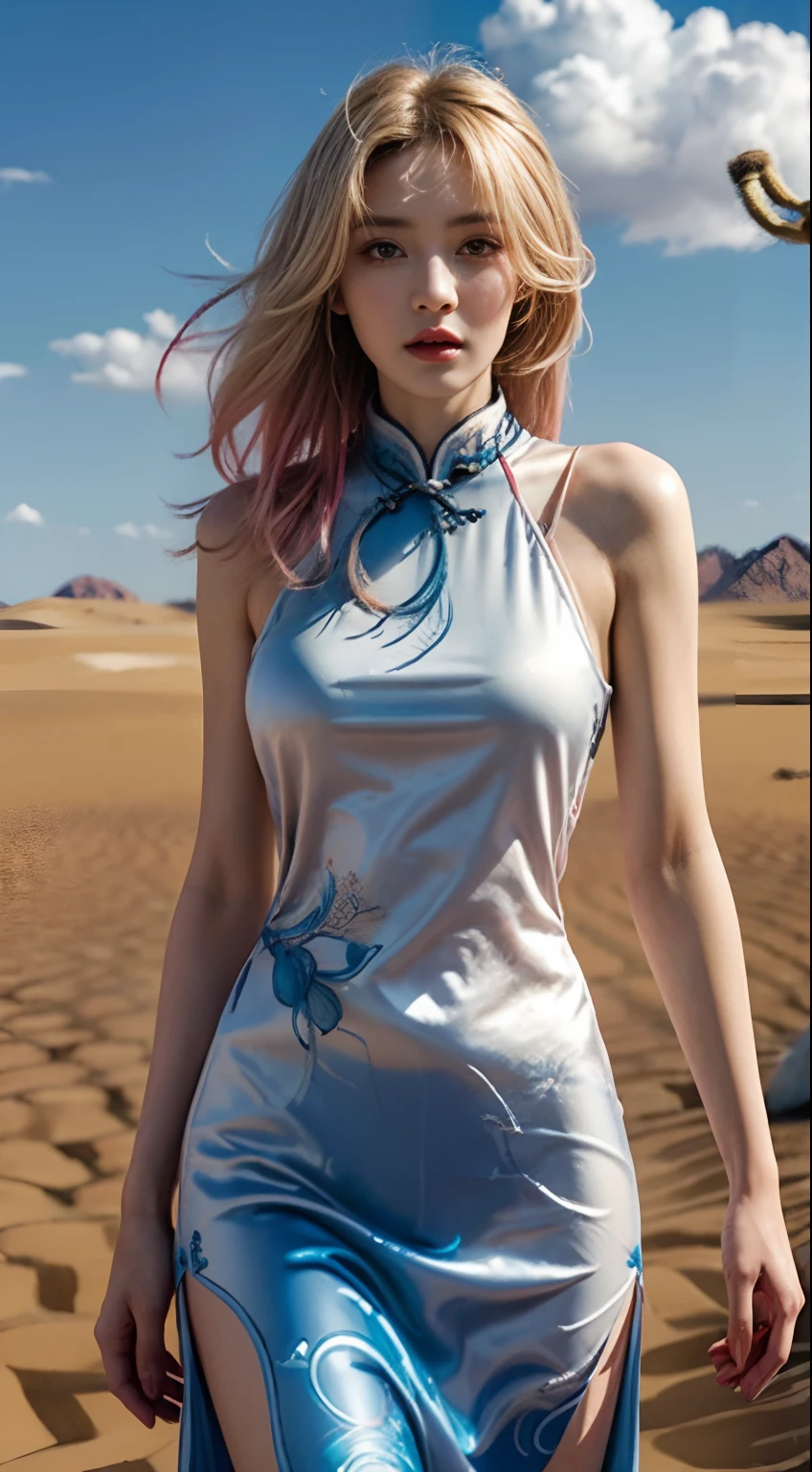 ((The background is a scene at noon:1.3)),((with blue sky and white clouds:1.3)),((Face lighting:1.3)),((Top quality, 8K, Masterpiece: 1.3)), Solo, 1 girl, Sexy,  Beautiful girl with accentuated slender abs: 1.4,超詳細な顔, Detailed eyes, Double eyelids, self-shot, (body builder:0.8),,White cheongsam, gorgeous chinese models, Cheongsam, China Cheongsam, Chinese traditional, Chinese cheongsam costume,Without chest pads:1.2,Shiny cheongsam:1.5,(Shiny skin:1.2),(muscle arm:1.3),(muscle leg:1.3), (two tone color hair:1.5,Blonde hair:1.1,Pink hair:1.2),((Masterpiece)), ((High detail)), photography of，real photograph，1 Cheongsam Girl, wearing  cheongsam，silky cheongsam，silky cheongsam，((Ultra-detailed)),((Delicate face)), Beautiful detailed eyes, (high light,Gradient hair),Long hair, Floating hair, ,hairs between eyes, GSHead,1girll ,Solo,The eye,Genshin_impact,Look at the viewer, ((Distant view)), Strong light and shadow, Cinema lenses，tmasterpiece，Super quality， A desert，on cheongsam，Silk cheongsam，18yr old，Big eyes，entire character，cropped shoulders，show legs，Long legs，full bodyesbian，8K，Ultra-clear resolution，Ultra-fine painting，Flat desert，Distant horizon，Vast desert，Sand，Dressed in a flowing manner、Silky traditional oriental cheongsam，Decorated with intricate patterns and bright colors，Highlights her seductive silhouette，((The background is a large flat desert:1.5)),tmasterpiece，Ultra-realistic detailed painting，Epic fantasy digital art style，8K,wide wide shot，Diagonal composition，art of photography，（Extremely refined and beautiful），（tmasterpiece），（best qualtiy：1.0），（超A high resolution：1.0），beautiful light up，perfect lightning bolt，realistic shaded，[A high resolution]，Delicate skin，ultra - detailed，Slim figure，Long legs，Beautiful Meticulous Girl, absurderes, unbelievable Ridiculous, hugefilesize, ultra - detailed, A high resolution, The is very detailed，best qualtiy，tmasterpiece，Need,((tmasterpiece)), (A detailed),Super delicate，Epic fantasy digital art style，The girl ha