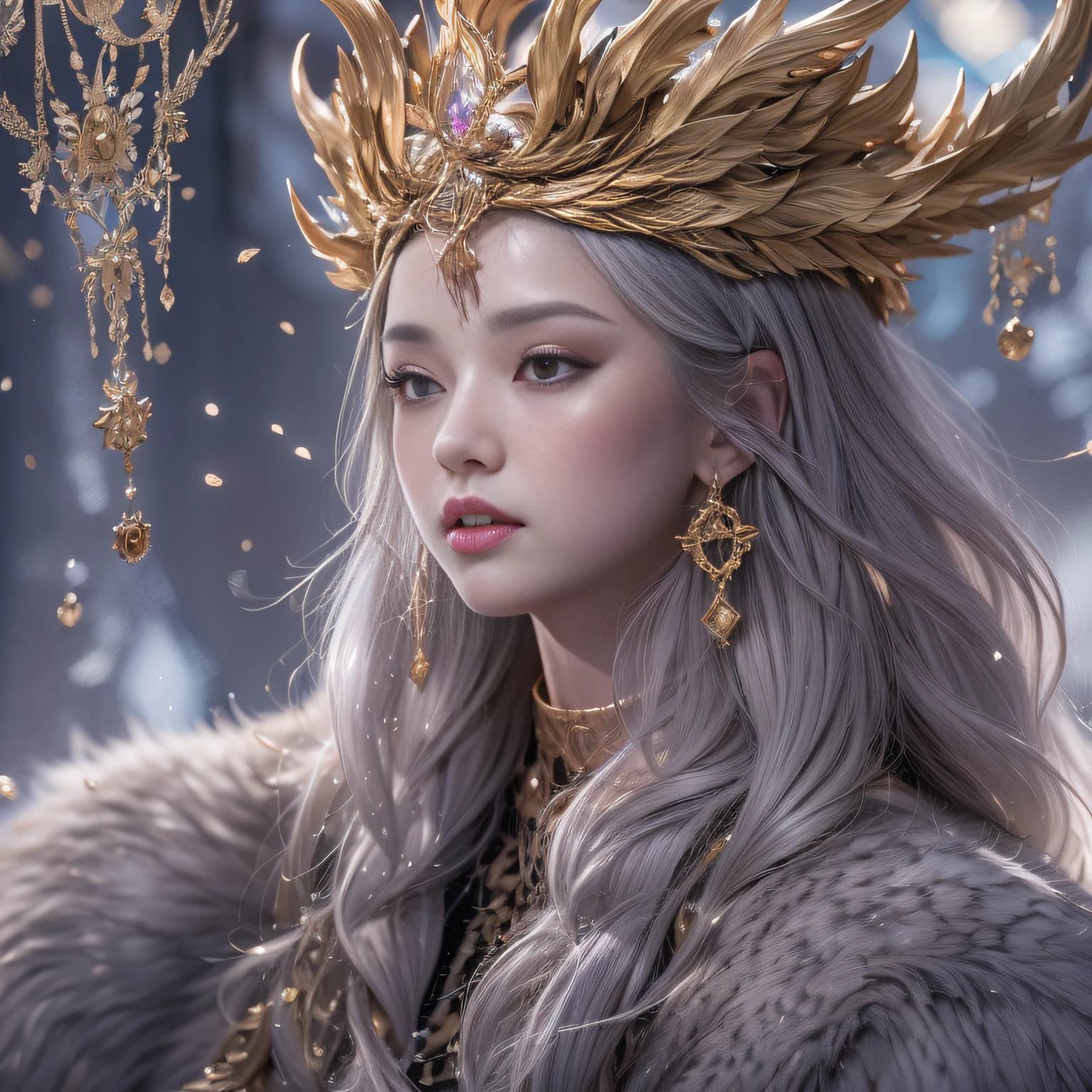 16k（tmasterpiece，k hd，hyper HD，16k）short detailed hair，Gold jewelry area in the back room，King Girl ，Silver Dragon Protector （realisticlying：1.4），Python pattern robe，Purple-pink tiara，Snowflakes fluttering，The background is pure，Hold your head high，Be proud，The nostrils look at people， A high resolution， the detail， RAW photogr， Sharp Re， Nikon D850 Film Stock Photo by Jefferies Lee 4 Kodak Portra 400 Camera F1.6 shots, Rich colors, ultra-realistic vivid textures, Dramatic lighting, Unreal Engine Art Station Trend, cinestir 800，Hold your head high，Be proud，The nostrils look at people