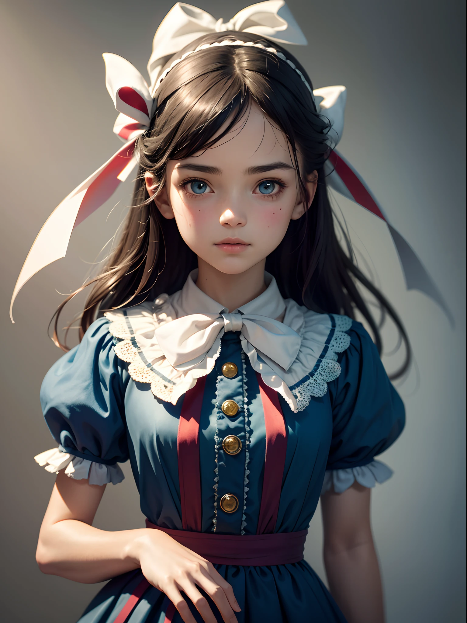 1girl, masterpiece, best quality, 8k, detailed skin texture, detailed cloth texture, beautiful detailed face, intricate details, ultra detailed, Alice in Wonderland, (a bow on her head:1.1), upper body