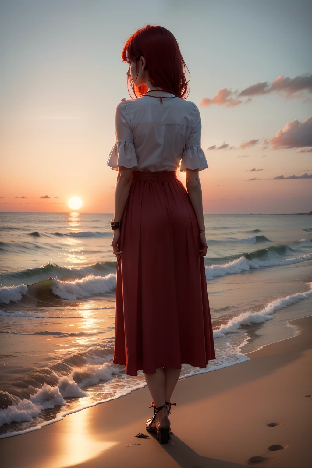 Imagine a woman with her back to the camera standing on the seashore sad at sunset and a lot of the Red The view is very sad