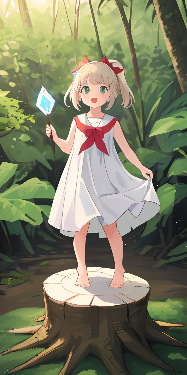 1 girl, white swimsuit, standing on her feet, on top of a tree stump, segurando uma carta, 4k, (Alta qualidade), (alta resolução),