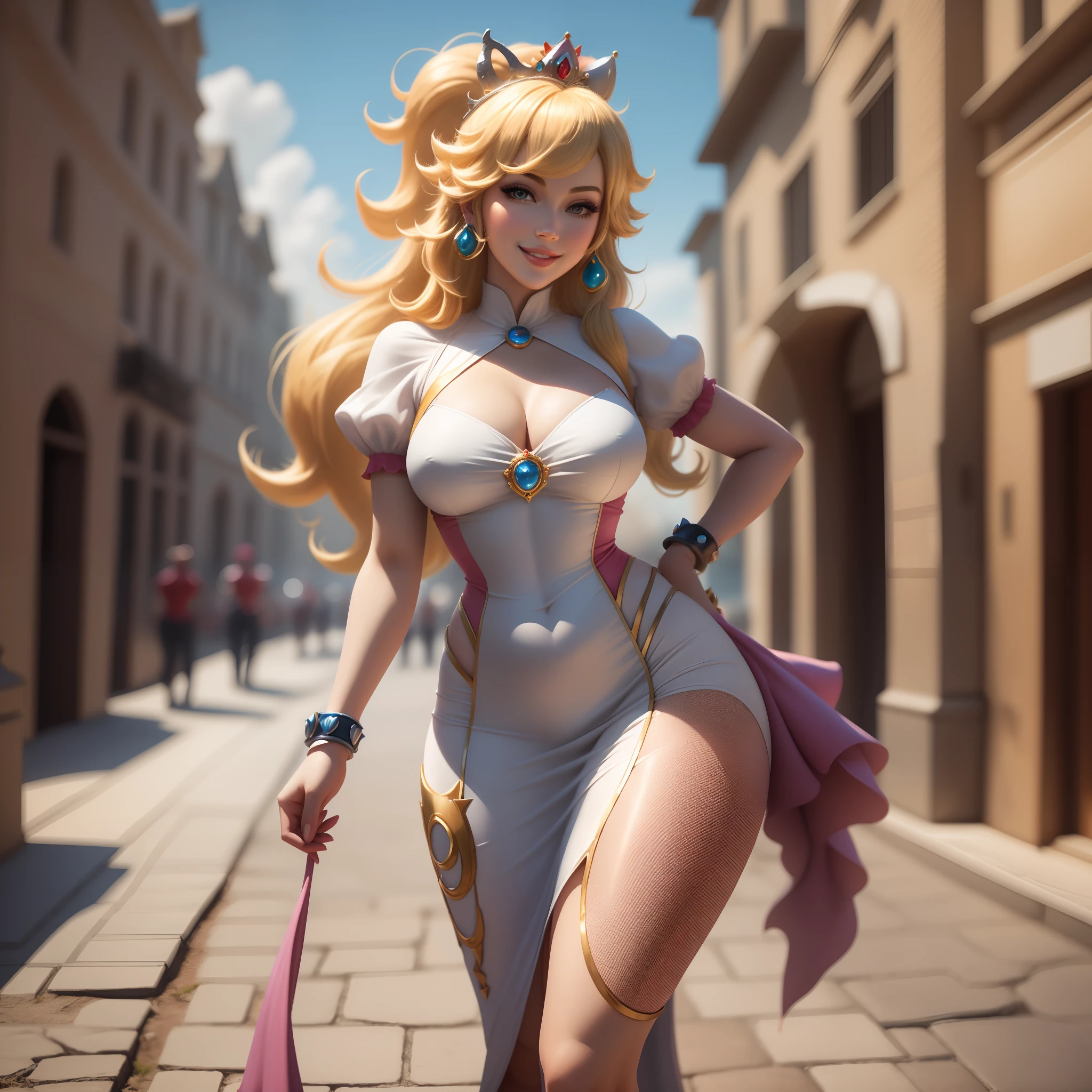 Princess peach, super mario clothes, standing, smiling, sexy beautiful face, doe shape eyes, full lips. slim body, breathtaking beauty, vibrant, comprehensive cinematic, 8k, cinematic lighting, best quality, 4k,very, dynamic world reality and dream.