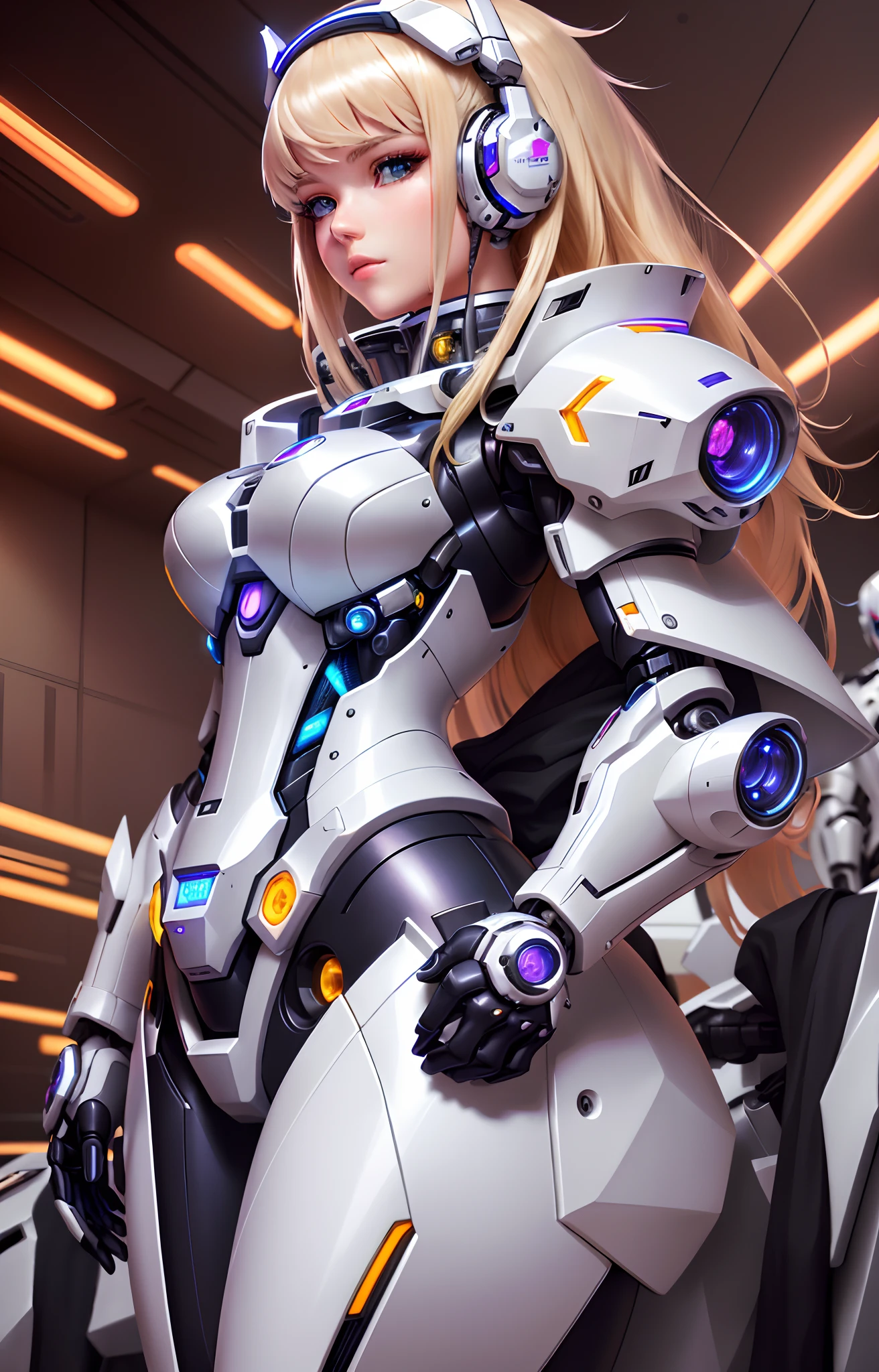 Blonde woman wearing headphones in futuristic suit, girl in mecha cyber armor, cyborg - girl with silver hair, gynoid cyborg body, in white futuristic armor, Cute cyborg girl, perfect anime cyborg woman, varia suit, cybersuit, Beautiful robot character design, cyberpunk anime girl mech, Mechanized Valkyrie girl, Kushatt Krenz Key Art Women