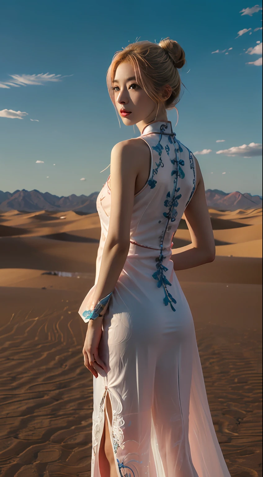 ((The background is a scene at noon:1.3)),((with blue sky and white clouds:1.3)),((Face lighting:1.3)),((Top quality, 8K, Masterpiece: 1.3)), Solo, 1 girl, Sexy,  Beautiful girl with accentuated slender abs: 1.4,超詳細な顔, Detailed eyes, Double eyelids, self-shot, (body builder:0.8),,White cheongsam, gorgeous chinese models, Cheongsam, China Cheongsam, Chinese traditional, Chinese cheongsam costume,Without chest pads:1.2,Shiny cheongsam:1.5,(Shiny skin:1.2),(muscle arm:1.3),(muscle leg:1.3),(double bun hair:1.3), (two tone color hair:1.5,Blonde hair:1.1,Pink hair:1.2),((Masterpiece)), ((High detail)), photography of，real photograph，1 Cheongsam Girl, wearing  cheongsam，silky cheongsam，silky cheongsam，((Ultra-detailed)),((Delicate face)), Beautiful detailed eyes, (high light,Gradient hair),Long hair, Floating hair, ,hairs between eyes, GSHead,1girll ,Solo,The eye,Genshin_impact,Look at the viewer, ((Distant view)), Strong light and shadow, Cinema lenses，tmasterpiece，Super quality， A desert，on cheongsam，Silk cheongsam，18yr old，Big eyes，entire character，cropped shoulders，show legs，Long legs，full bodyesbian，8K，Ultra-clear resolution，Ultra-fine painting，Flat desert，Distant horizon，Vast desert，Sand，Dressed in a flowing manner、Silky traditional oriental cheongsam，Decorated with intricate patterns and bright colors，Highlights her seductive silhouette，((The background is a large flat desert:1.5)),tmasterpiece，Ultra-realistic detailed painting，Epic fantasy digital art style，8K,wide wide shot，Diagonal composition，art of photography，（Extremely refined and beautiful），（tmasterpiece），（best qualtiy：1.0），（超A high resolution：1.0），beautiful light up，perfect lightning bolt，realistic shaded，[A high resolution]，Delicate skin，ultra - detailed，Slim figure，Long legs，Beautiful Meticulous Girl, absurderes, unbelievable Ridiculous, hugefilesize, ultra - detailed, A high resolution, The is very detailed，best qualtiy，tmasterpiece，Need,((tmasterpiece)), (A detailed),Super delicate，Epic fantasy digital
