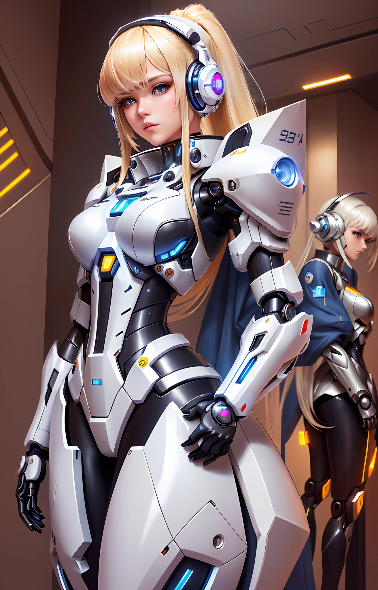Blonde woman wearing headphones in futuristic suit, girl in mecha cyber armor, cyborg - girl with silver hair, gynoid cyborg body, in white futuristic armor, Cute cyborg girl, perfect anime cyborg woman, varia suit, cybersuit, Beautiful robot character design, cyberpunk anime girl mech, Mechanized Valkyrie girl, Kushatt Krenz Key Art Women