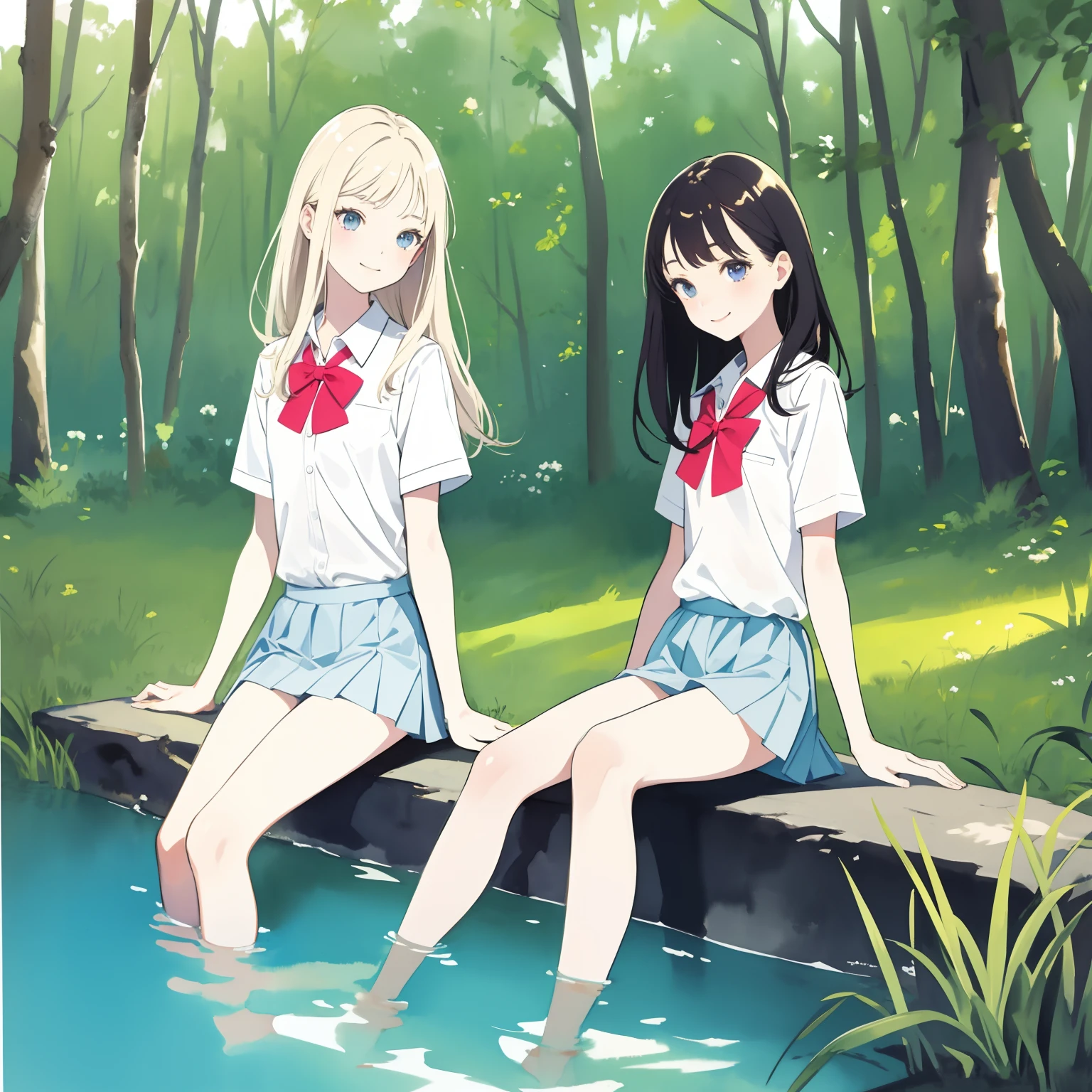 masterpiece, best quality, 2girls, petite, slim, flat chest, school shirt uniform, white panties, sitting in water, in a forest lake, smile, fun, summer, warm, soft light, bright, watercolor