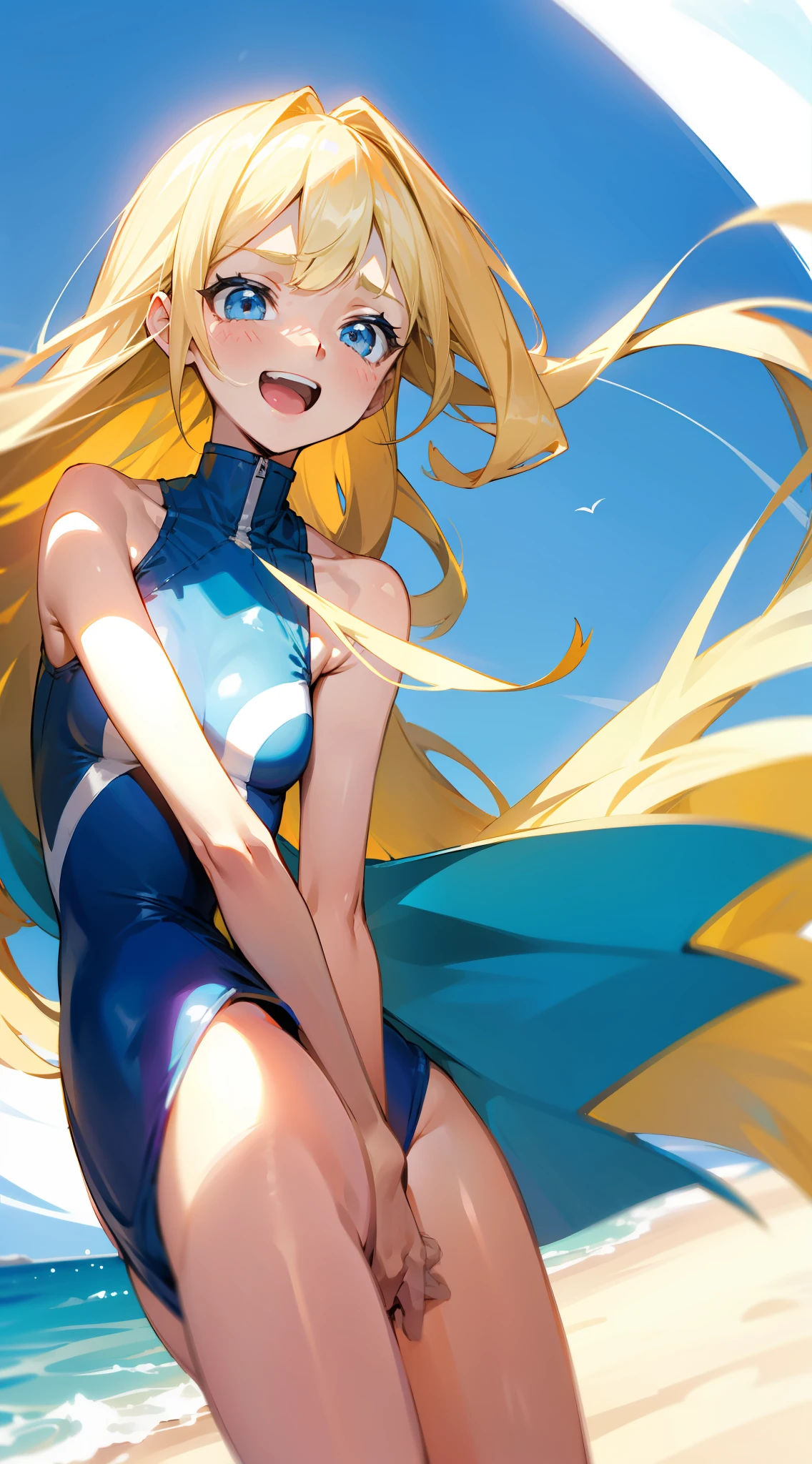 Long blonde hair、blue color eyes、Clothes swimsuit、embarrassed laughter、scratching head、the hair flutters with the wind、high high quality、high detal