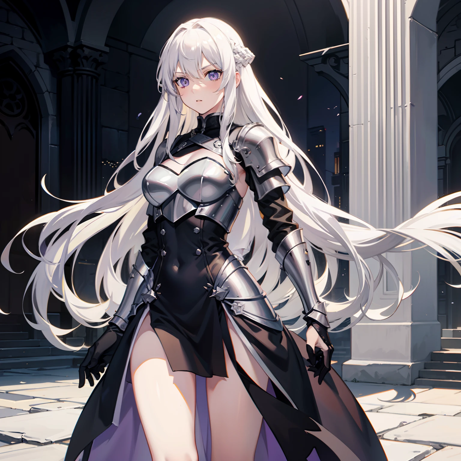 Long pale yellow hair to the waist，Light purple eyes，Wears silver-white armor，Black underwear，Lady Knight，A look of determination