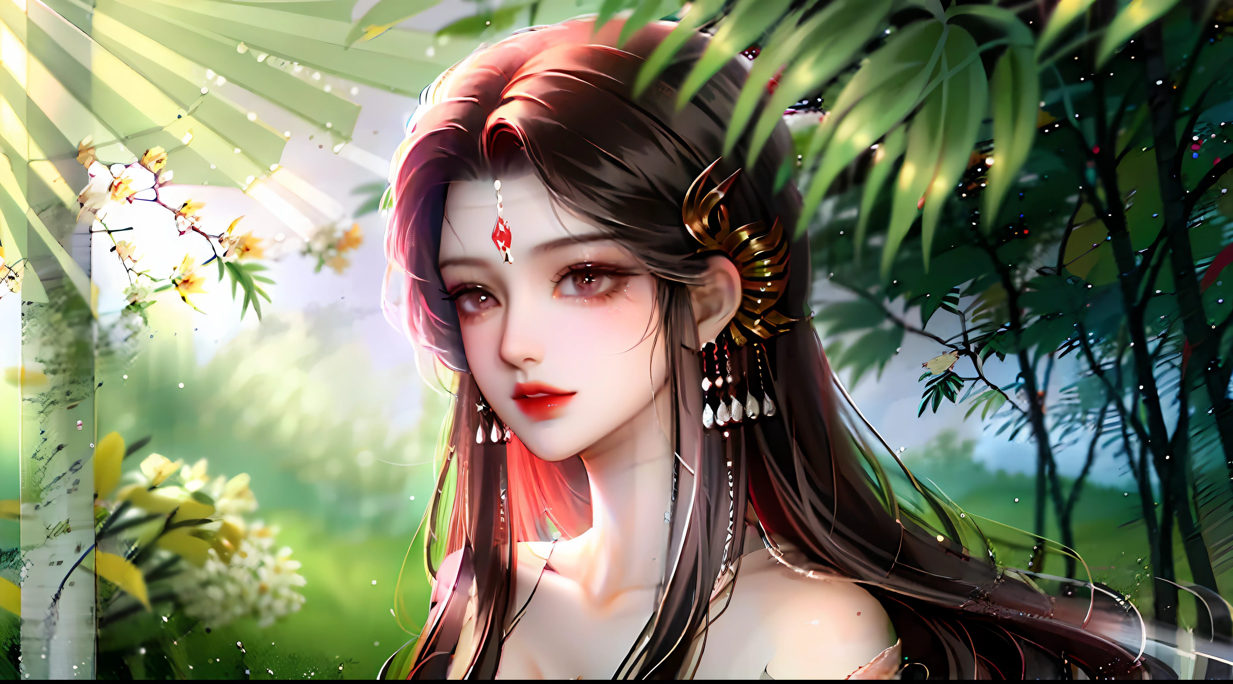 a pregirl，strolling in the forest，The sun fell on her，in a panoramic view，Show the whole body，Forest in the distance，perfect bodies