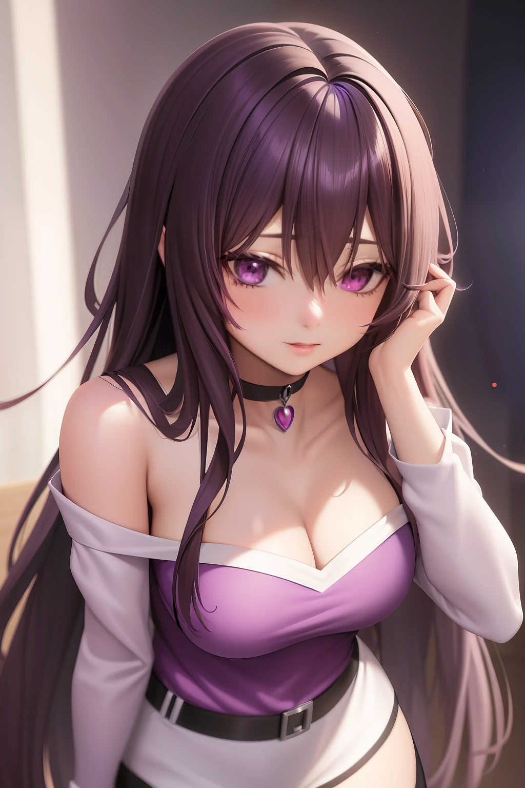 Anime girl p with long hair and purple eyes, purple dress，Smooth anime CG art, Realistic anime 3 D style, attractive anime girls, photorealistic anime girl rendering, realistic anime artstyle, Photorealistic anime, 3 d anime realistic, seductive anime girls, Realistic young anime girl, Beautiful anime girl, Anime moe art style, Cute anime girl，Red lips，