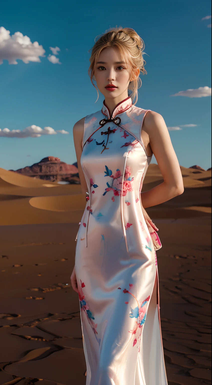 ((The background is a scene at noon:1.3)),((with blue sky and white clouds:1.3)),((Face lighting:1.3)),((Top quality, 8K, Masterpiece: 1.3)), Solo, 1 girl, Sexy,  Beautiful girl with accentuated slender abs: 1.4,超詳細な顔, Detailed eyes, Double eyelids, self-shot, (body builder:0.8),,White cheongsam, gorgeous chinese models, Cheongsam, China Cheongsam, Chinese traditional, Chinese cheongsam costume,Without chest pads:1.2,Shiny cheongsam:1.5,(Shiny skin:1.2),(muscle arm:1.3),(muscle leg:1.3),(double bun hair:1.3), (two tone color hair:1.5,Blonde hair:1.1,Pink hair:1.2),((Masterpiece)), ((High detail)), photography of，real photograph，1 Cheongsam Girl, wearing  cheongsam，silky cheongsam，silky cheongsam，((Ultra-detailed)),((Delicate face)), Beautiful detailed eyes, (high light,Gradient hair),Long hair, Floating hair, ,hairs between eyes, GSHead,1girll ,Solo,The eye,Genshin_impact,Look at the viewer, ((Distant view)), Strong light and shadow, Cinema lenses，tmasterpiece，Super quality， A desert，on cheongsam，Silk cheongsam，18yr old，Big eyes，entire character，cropped shoulders，show legs，Long legs，full bodyesbian，8K，Ultra-clear resolution，Ultra-fine painting，Flat desert，Distant horizon，Vast desert，Sand，Dressed in a flowing manner、Silky traditional oriental cheongsam，Decorated with intricate patterns and bright colors，Highlights her seductive silhouette，((The background is a large flat desert:1.5)),tmasterpiece，Ultra-realistic detailed painting，Epic fantasy digital art style，8K,wide wide shot，Diagonal composition，art of photography，（Extremely refined and beautiful），（tmasterpiece），（best qualtiy：1.0），（超A high resolution：1.0），beautiful light up，perfect lightning bolt，realistic shaded，[A high resolution]，Delicate skin，ultra - detailed，Slim figure，Long legs，Beautiful Meticulous Girl, absurderes, unbelievable Ridiculous, hugefilesize, ultra - detailed, A high resolution, The is very detailed，best qualtiy，tmasterpiece，Need,((tmasterpiece)), (A detailed),Super delicate，Epic fantasy digital