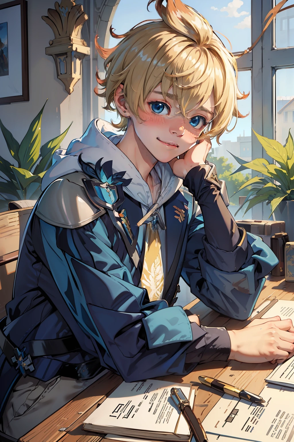 (masterpiece), (best quality), (ultra detailed),(disheveled hair),(illustration), (1boy), short blond hair, blue jacket, blushing, shy smile,