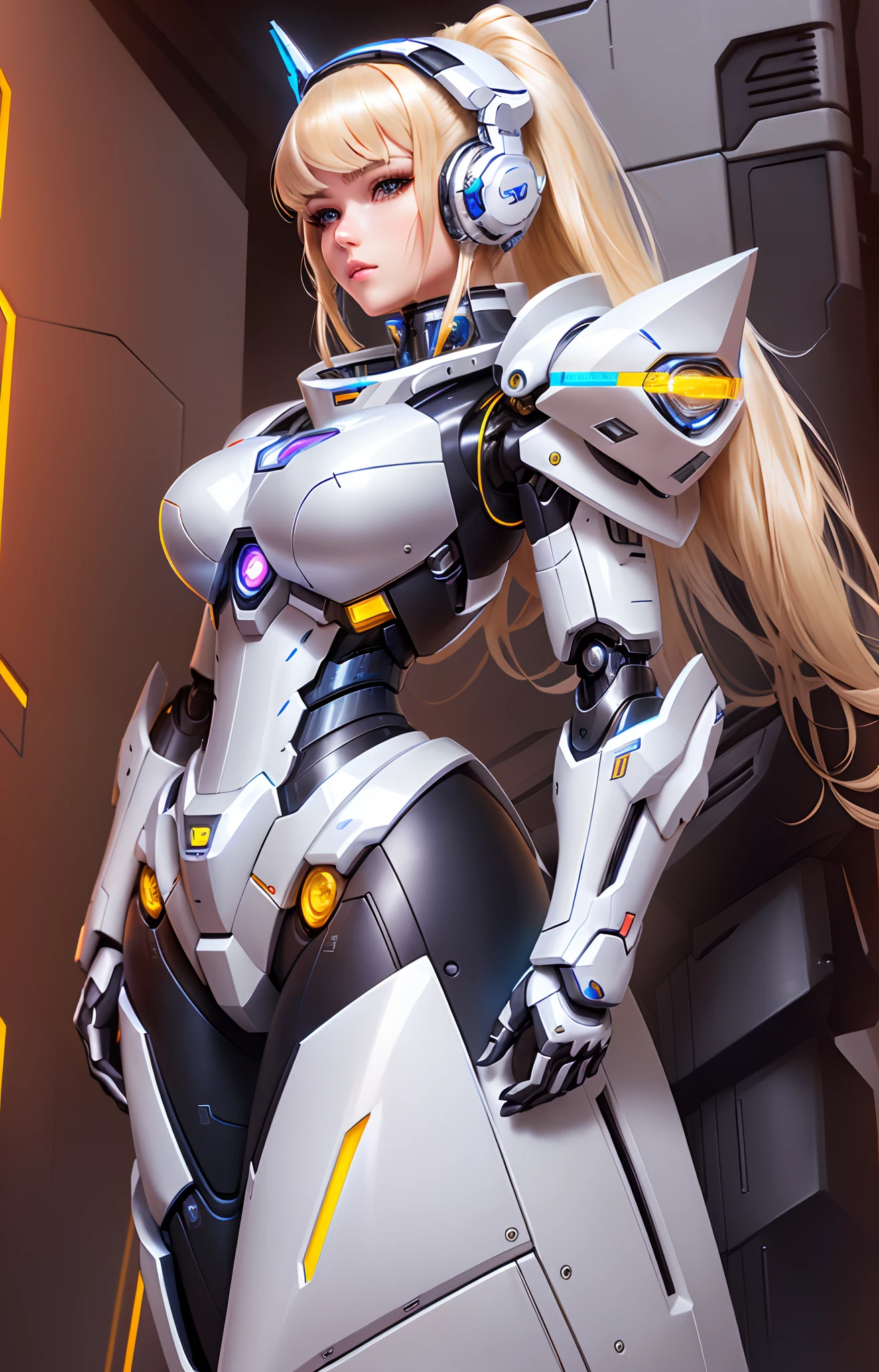 Blonde woman wearing headphones in futuristic suit, girl in mecha cyber armor, cyborg - girl with silver hair, gynoid cyborg body, in white futuristic armor, Cute cyborg girl, perfect anime cyborg woman, varia suit, cybersuit, Beautiful robot character design, cyberpunk anime girl mech, Mechanized Valkyrie girl, Kushatt Krenz Key Art Women