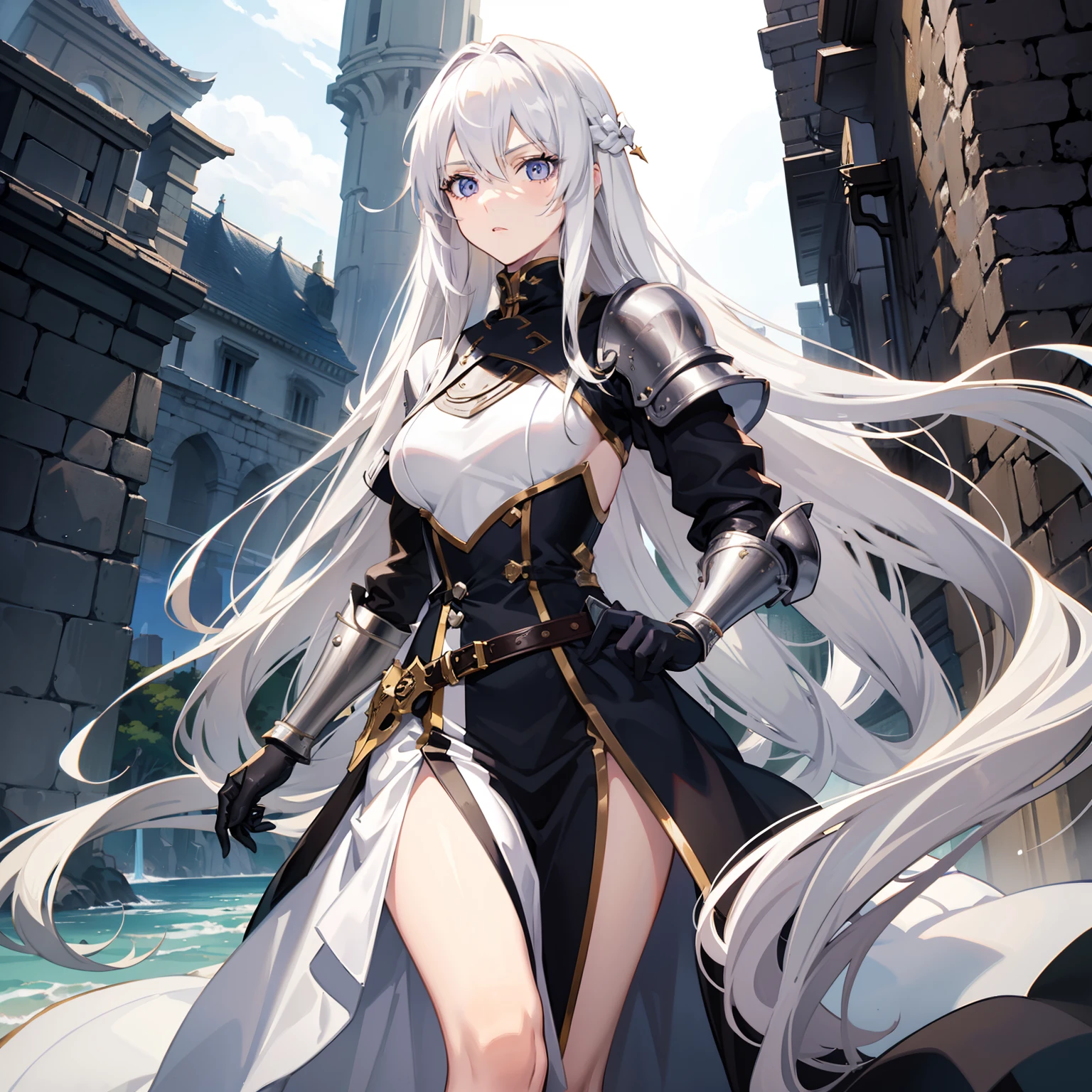 Long pale yellow hair to the waist,Light purple eyes,Wears silver-white armor,Black underwear,Lady Knight,A look of determination
