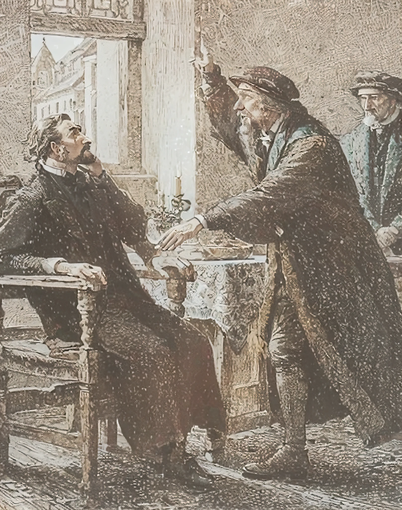 uma pintura de um homem sentado em uma mesa com outro homem ao seu lado, gravura em litografia colorida, Directed by: Egon von Vietinghoff, 19th century woodcut, Directed by: Johann Bodin, Directed by: Adriaen Hanneman, Directed by: Heinrich Bichler, Directed by: Heinrich Brocksieper, Directed by: Joseph von Führich, Directed by: Heinrich Maria Davringhausen