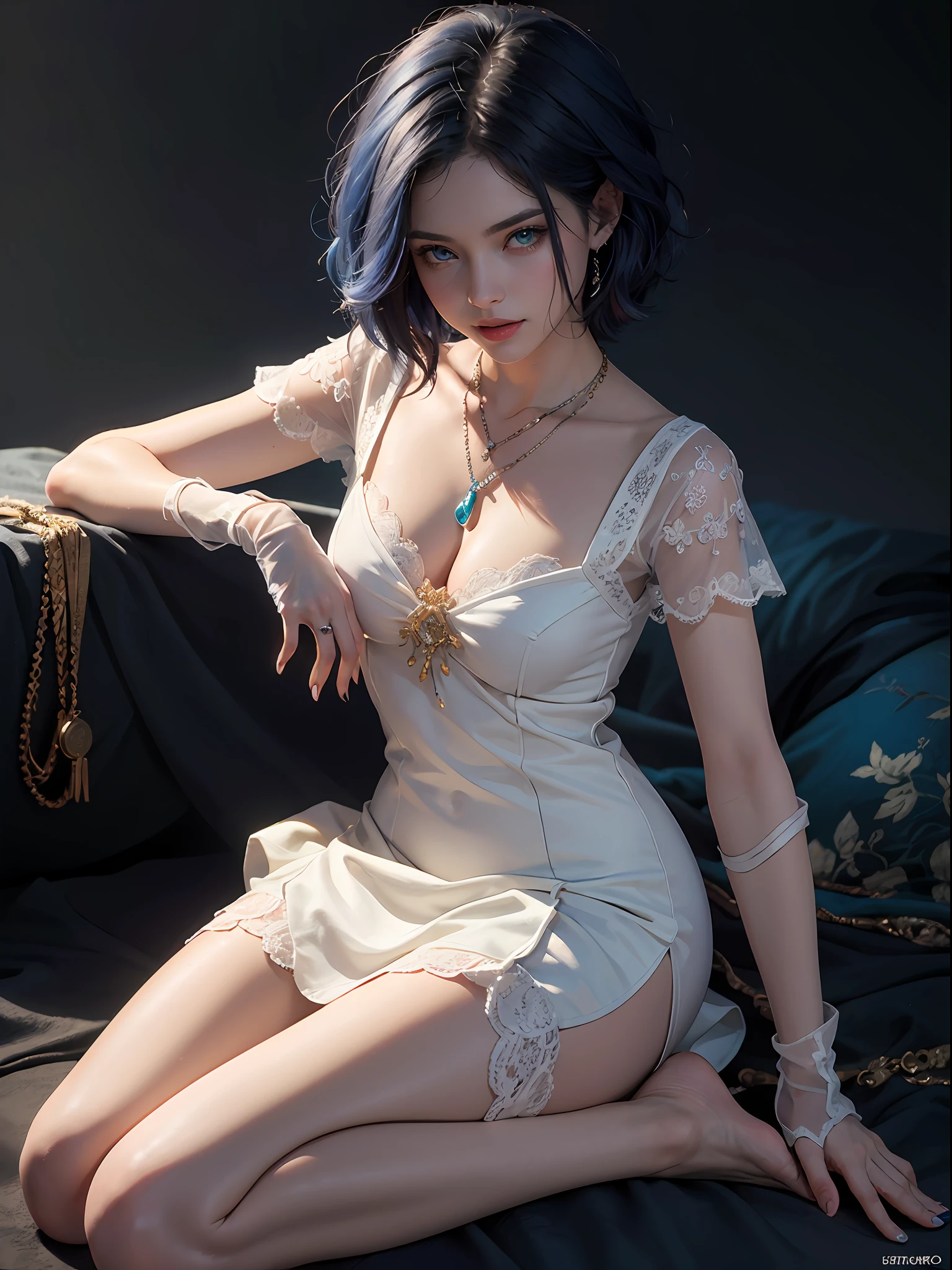 Unbeatable masterpiece, Ultra photo realsisim, Perfect artwork, Intricate details, Best quality, Strong light, (Masterpiece) , (Best quality) , (Ultra-detailed) , illustration , Dynamic Angle ,lgirl , full_Body, Colorful, Beautiful detailed eyes , Portrait ,Colorful , Translucent hair , (glowing inner hair) , the perfect appearance ,Dark blue hair , Green eyes , (bobcut:1.25) , Smile , (Black shawl:1.05) ,(luxury clothes:1.15) , lace elbow gloves , (Flat color) , (Sapphire necklace:1.2) , (White sheathed dress)(Lickers:1.4) , looking at viewe , (final fantasy style:1.15) , (Chiaroscuro lighting:1.2) , (with black background) , ( hands and feet:1.25)