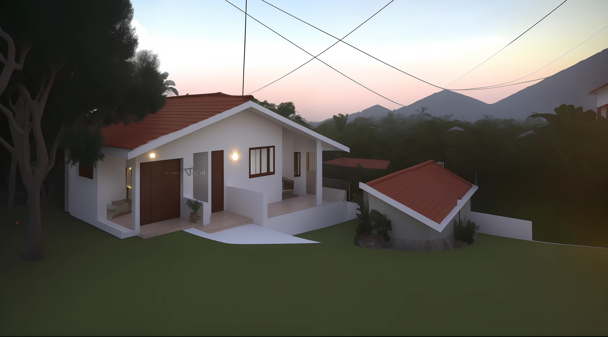 There is a small white house with a red roof and a red tile roof, Lumion Pro Rendering, Directed by: CeFerí Olivé, vista externa, Vista exterior, Casa completa, imagem frontal, casa de aldeia, Location ( favela ), visto de fora, uma casa, Casa colonial no fundo, by Rodolfo Amoedo, Casas, Directed by: Willian Murai, vista frontal, casa velha, vista frontal