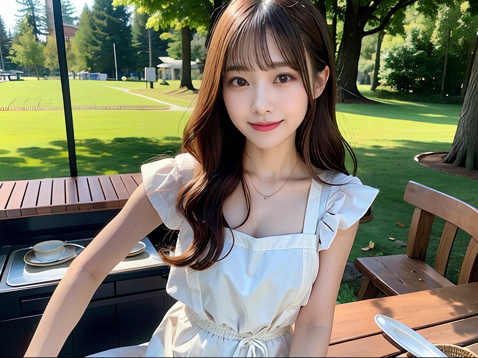 Best Quality,masuter piece,超A high resolution,(photographrealistic),Cute Girl,Sexy Pose,8K,NFSW,Raw photo,A cute Japanese woman,Smile,up of face、Longhaire、curls、a blond、full of sweat、Brown-skinned、Blonde hair、camp、bonfire、Apron、campsite、Cooking rice、cuite、alcohol、