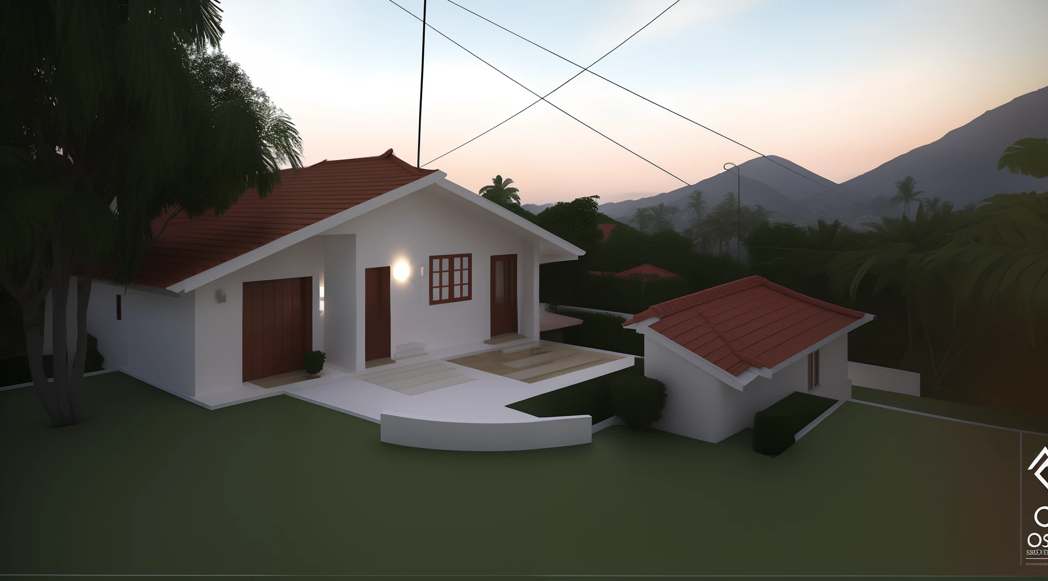 There is a small white house with a red roof and a red tile roof, Lumion Pro Rendering, Directed by: CeFerí Olivé, vista externa, Vista exterior, Casa completa, imagem frontal, casa de aldeia, Location ( favela ), visto de fora, uma casa, Casa colonial no fundo, by Rodolfo Amoedo, Casas, Directed by: Willian Murai, vista frontal, casa velha, vista frontal