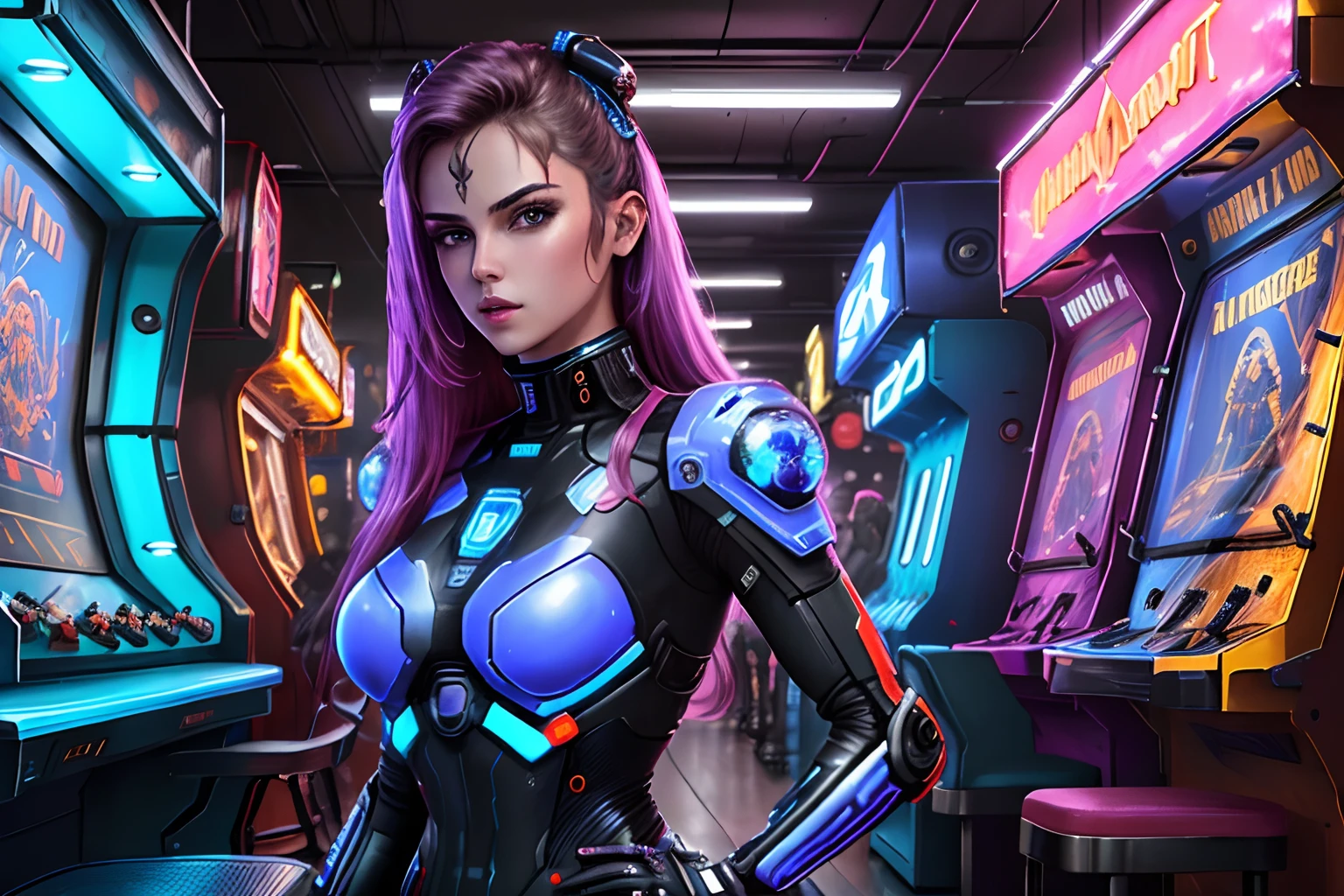 ((masterpiece)), ((best quality)), ((highly detailed:1.3)), cyberpunkai, realistic, interior space, beautiful android woman, perfect body, beautiful face, perfect eyes, perfect hands, science-fiction robot arcade, lots of chrome and metal, blue neon lighting, neon_lights, sci-fi factory arcade, indoors