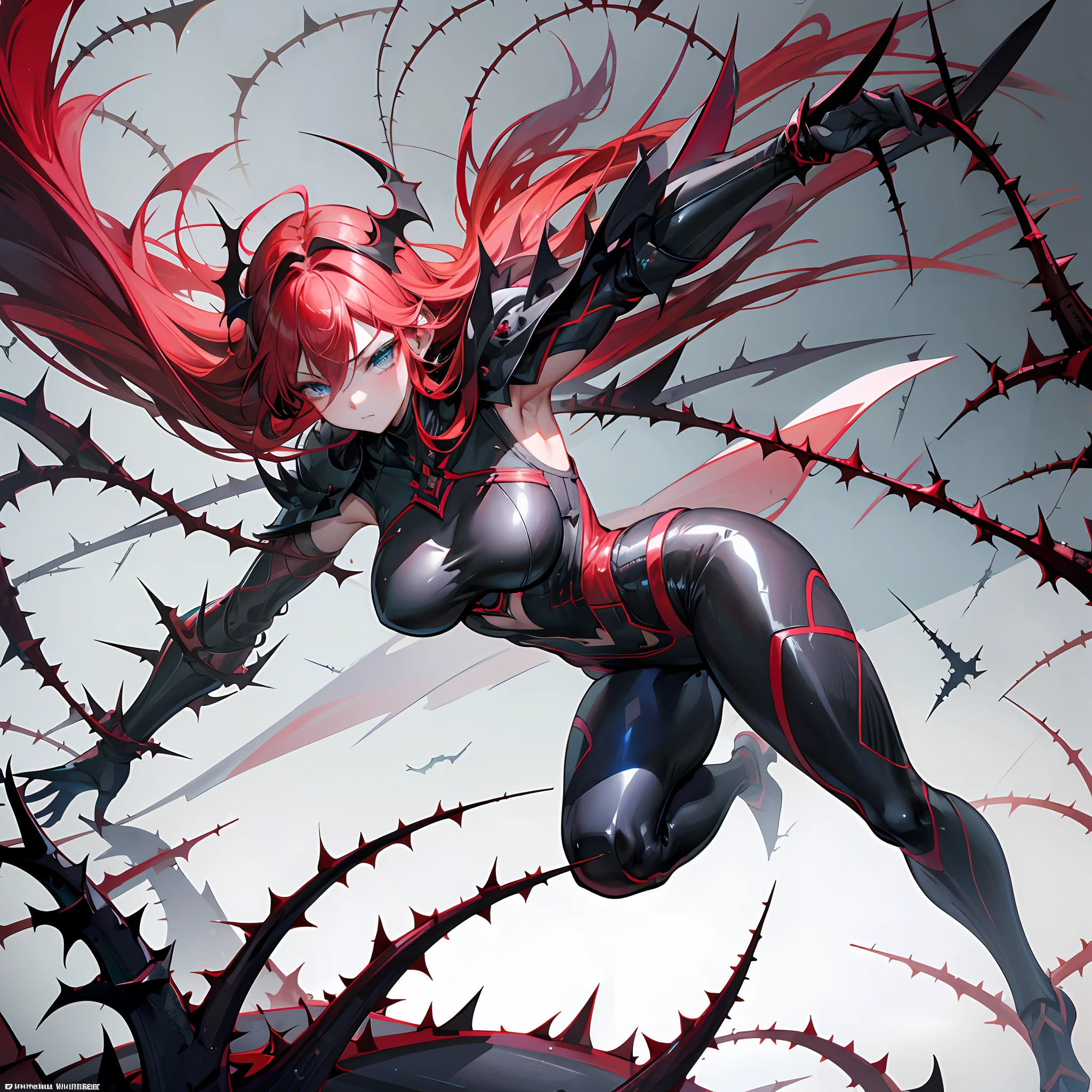 (Detailed light), (An extremely delicate and beautiful), volume light, Best shadow, Flash, Depth of field, Dynamic Angle, [NSFW:0.8], Oily skin ，one-girl，Serious，red tinted hair，Lake blue eyes，black reotard，black colored leggings，Combat posture，City night background，(A lot of thorns bind the girl:1.3),the bats，wounds，Physically-based rendering,Elaborate Eyes, Delicate eye features, Highest quality, Masterpiece, Works of masters, Extreme detail, Looking at you, High definition, Best quality, Highest picture quality, high resolution, Perfect facial features, High definition, illustration,s the perfect face，Appropriate thick legs，Elastic legs，Masterpiece, Best quality, Masterpiece,Best quality,offcial art, Extremely detailed Cg Unity 8K wallpaper
