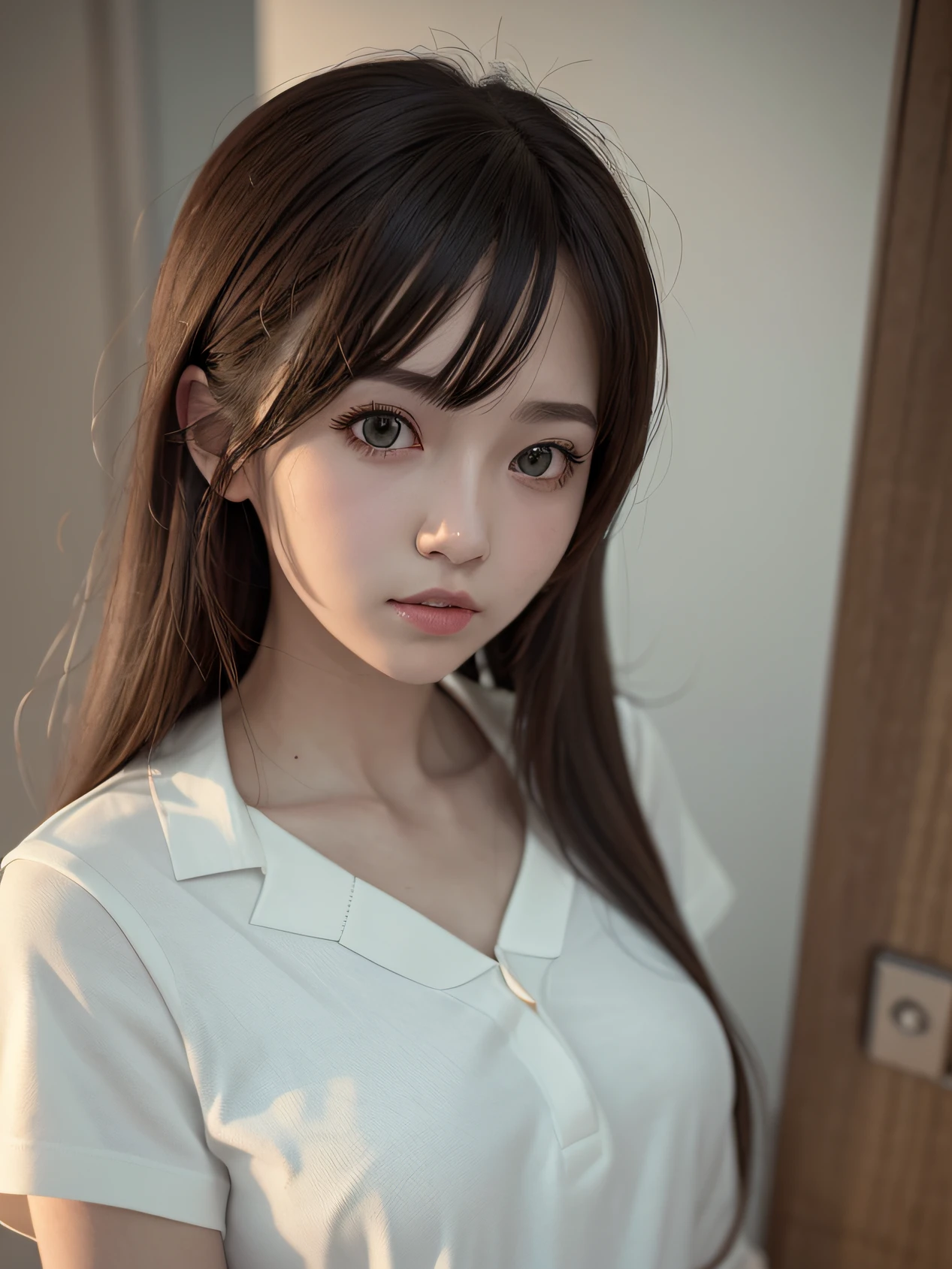 There is a girl wearing a white shirt to go to office, Kawaii realistic portrait,25 years old， Smooth anime CG art, portrait anime girl, Photorealistic anime, lovely digital painting, realistic anime artstyle, 3 d anime realistic, Realistic cute girl painting, photorealistic anime girl rendering, 3d anime girl, Realistic anime 3 D style, Realistic young anime girl, adorable digital art，Casual hairstyle,ssmile,largeeyes,,Alvine，Bigchest，Full body photo，Extremely beautiful face，Hand down