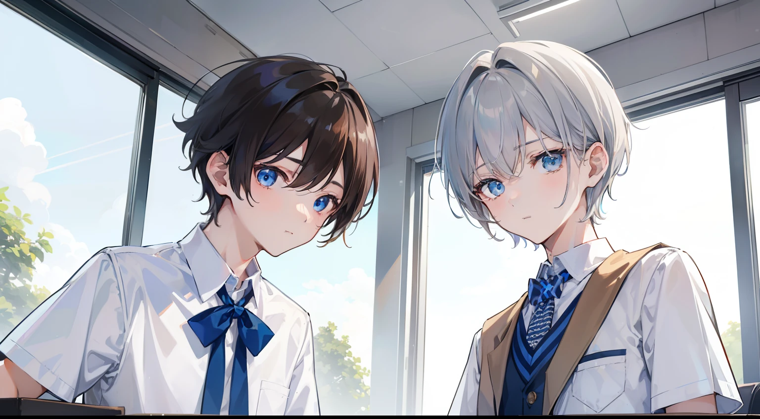 Two Boys, Silver-haired boy and brown-haired boy,Wearing a boys' high school uniform、 Talking、White short-haired boy with blue eyes, Brown short-haired boy has brown eyes、Empty classroom、schools、Watching a turtle tank、Boys Love、hight resolution、ultra-detailliert