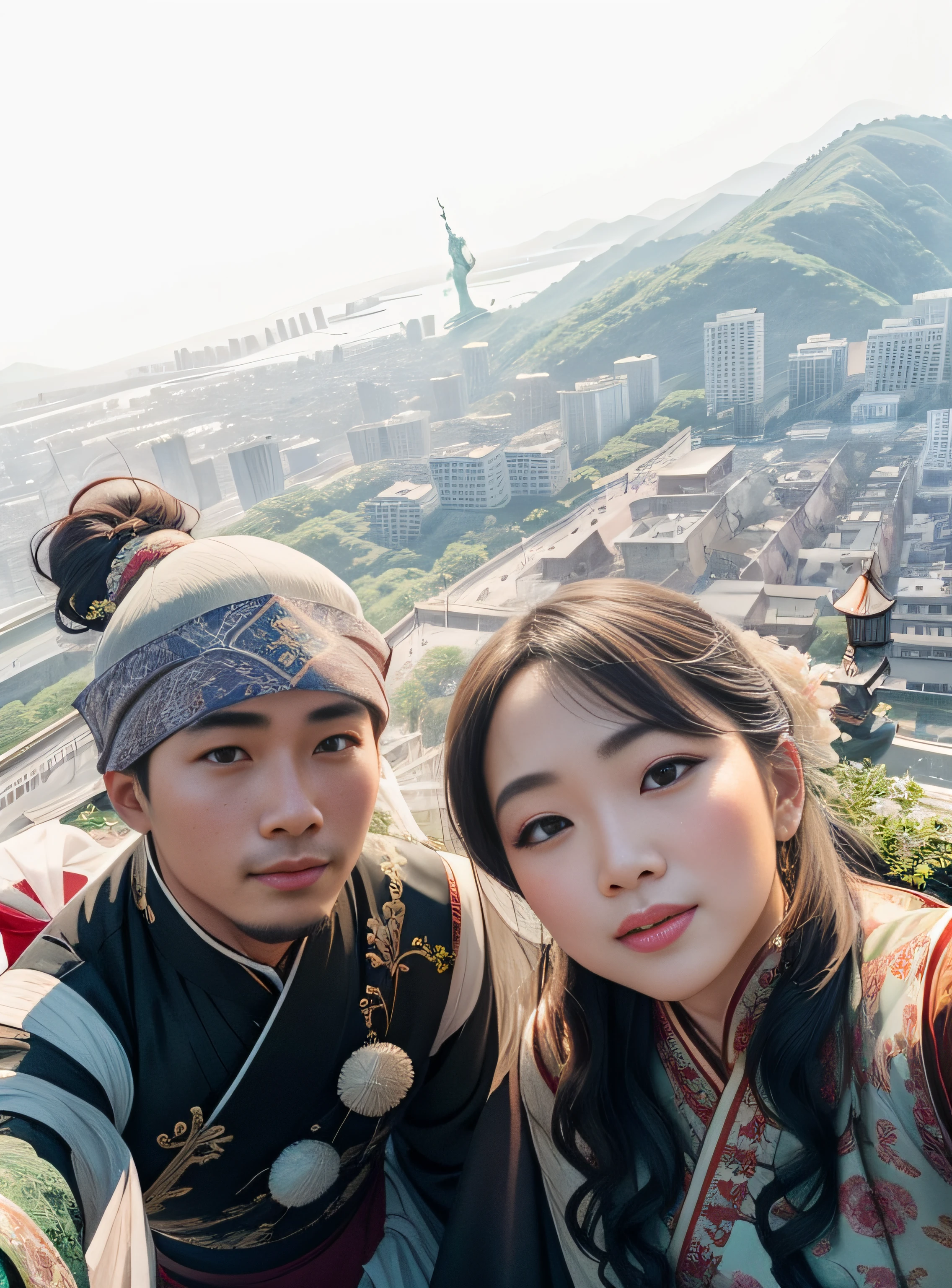 Hanfu,wedding gown,on cheongsam,Take a selfie at the top of the mountain, 8k selfie photograph, Ruan Jia and Fenghua Zhong, vacation photo, view from top, with the city as the background, Statue of Liberty in the United States