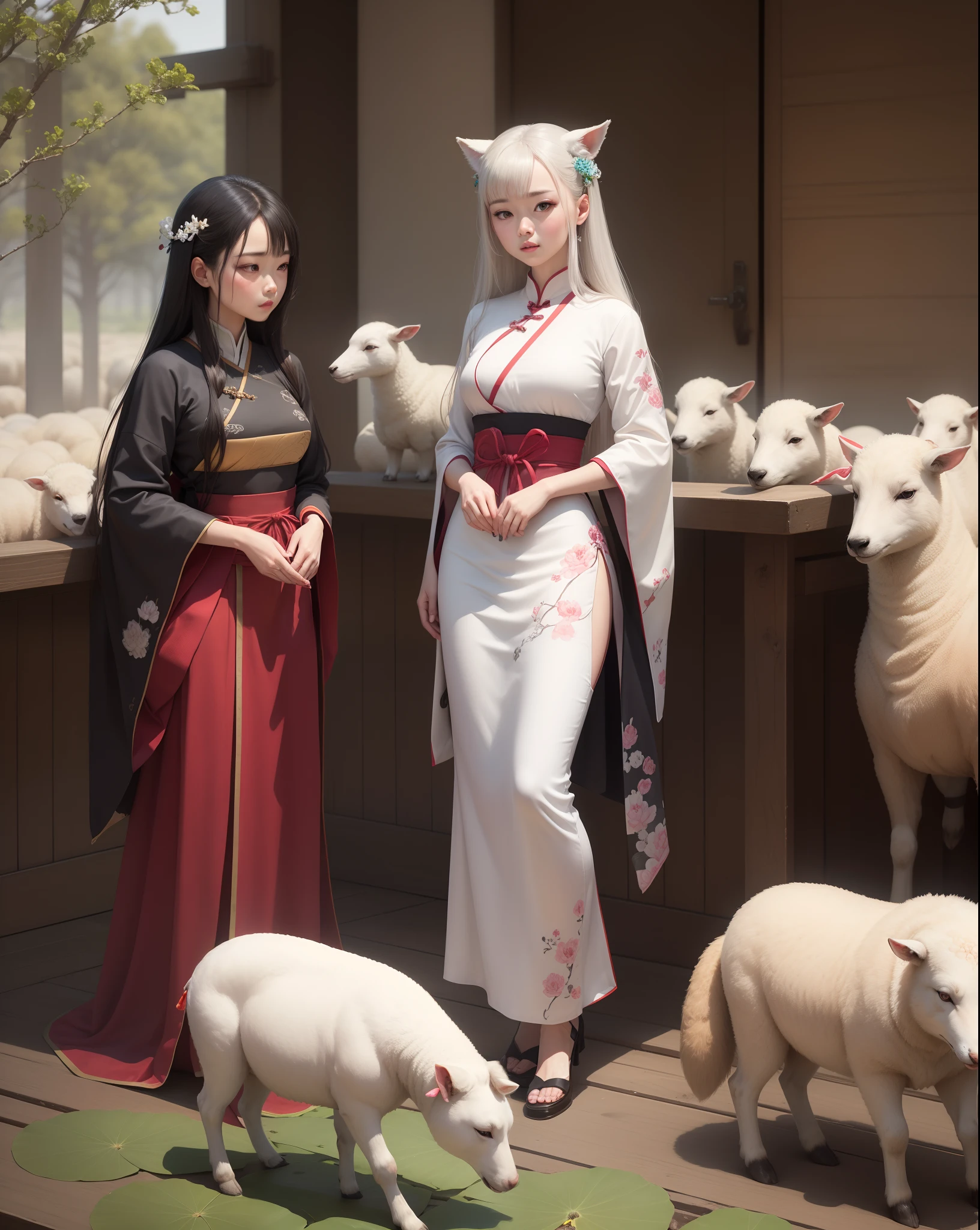 ((4k,masterpiece,best quality)), shuimobysim, Traditional chinese painting, lotuses, Hanfu, maxiskit, dress conservatively 1 girl, 独奏, whaite hair, long whitr hair, fox ear, white colors, 比基尼, pecora, Many sheep are close to the girls, looking at viewert