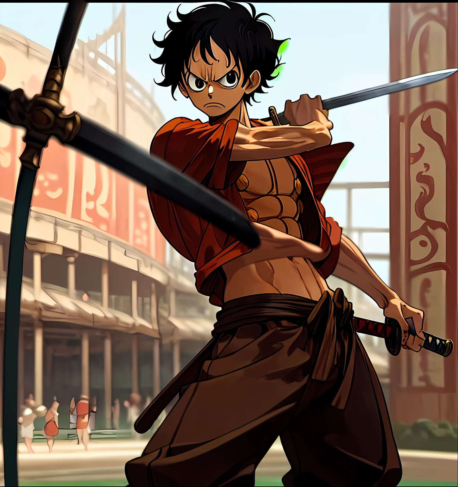 (masterpiece, best quality), Monkey D. Luffy from One Piece, standing, holding sword, looking irritated at the viewer, arena background, background blurred, cinematic,