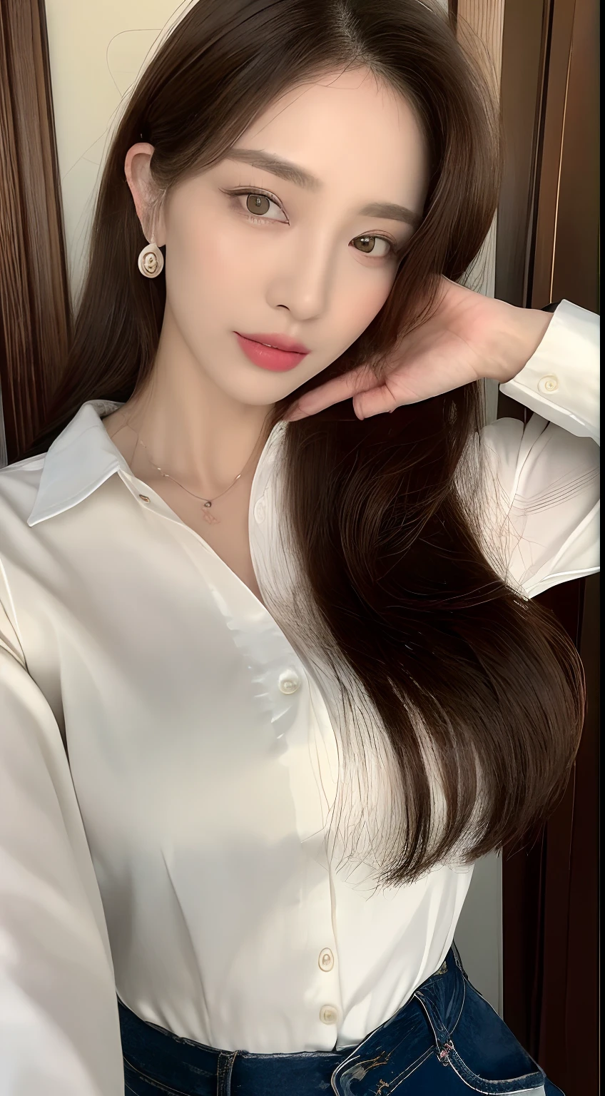 ((top-quality、8k、masterpiece:1.3))、voluptuous woman、1girl in、(Slender figure:1.2)、dark brown hair、(outside of house、The shirt、shortpants:1.1)、hyperdetailed face、detailed lips、A detailed eye、二重まぶた、())huge-breasted:1.9)))、Beautiful long valley