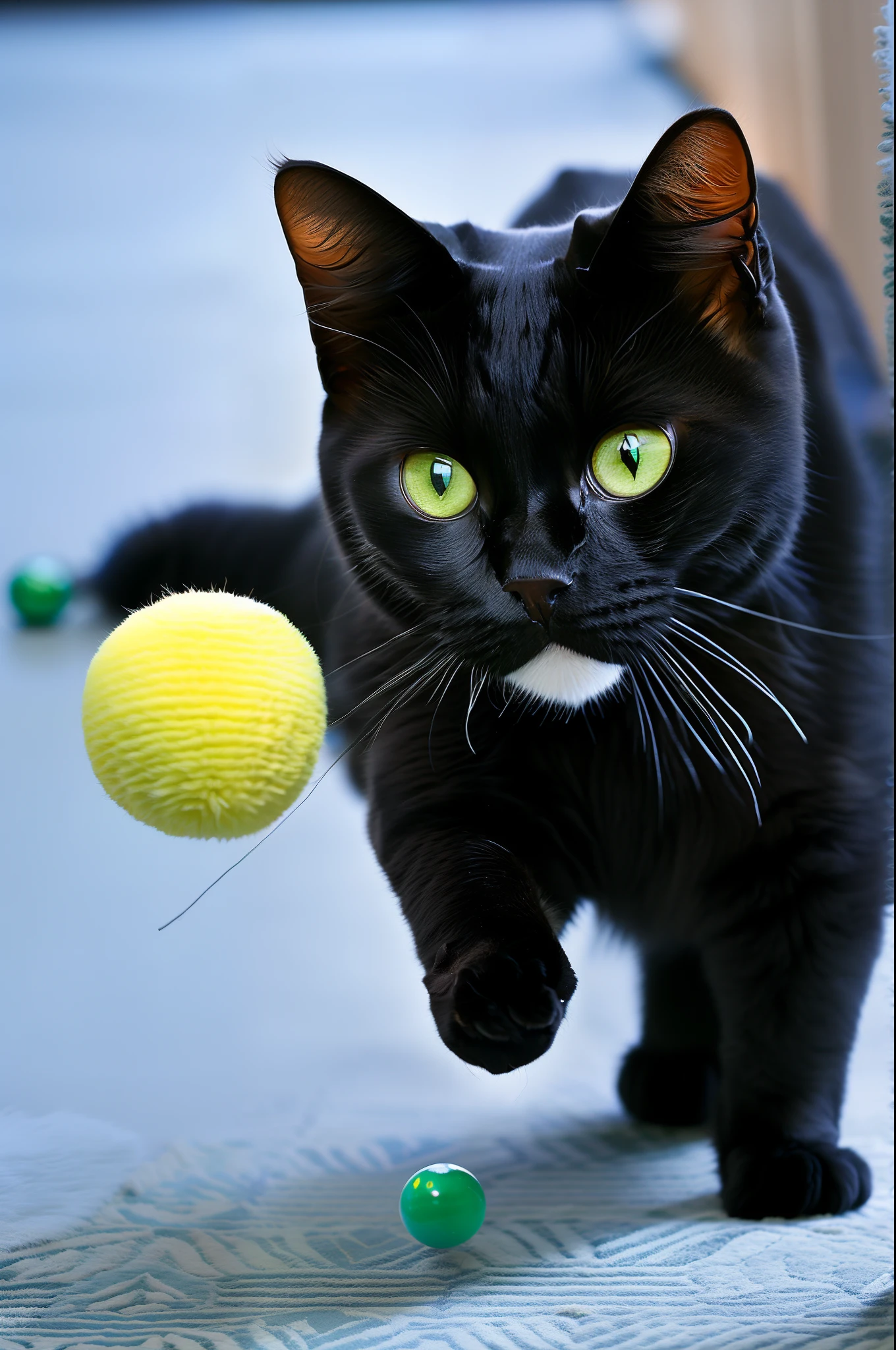 Chubby little black cat chasing balls on a furry carpet to play,A pair of green eyes。
