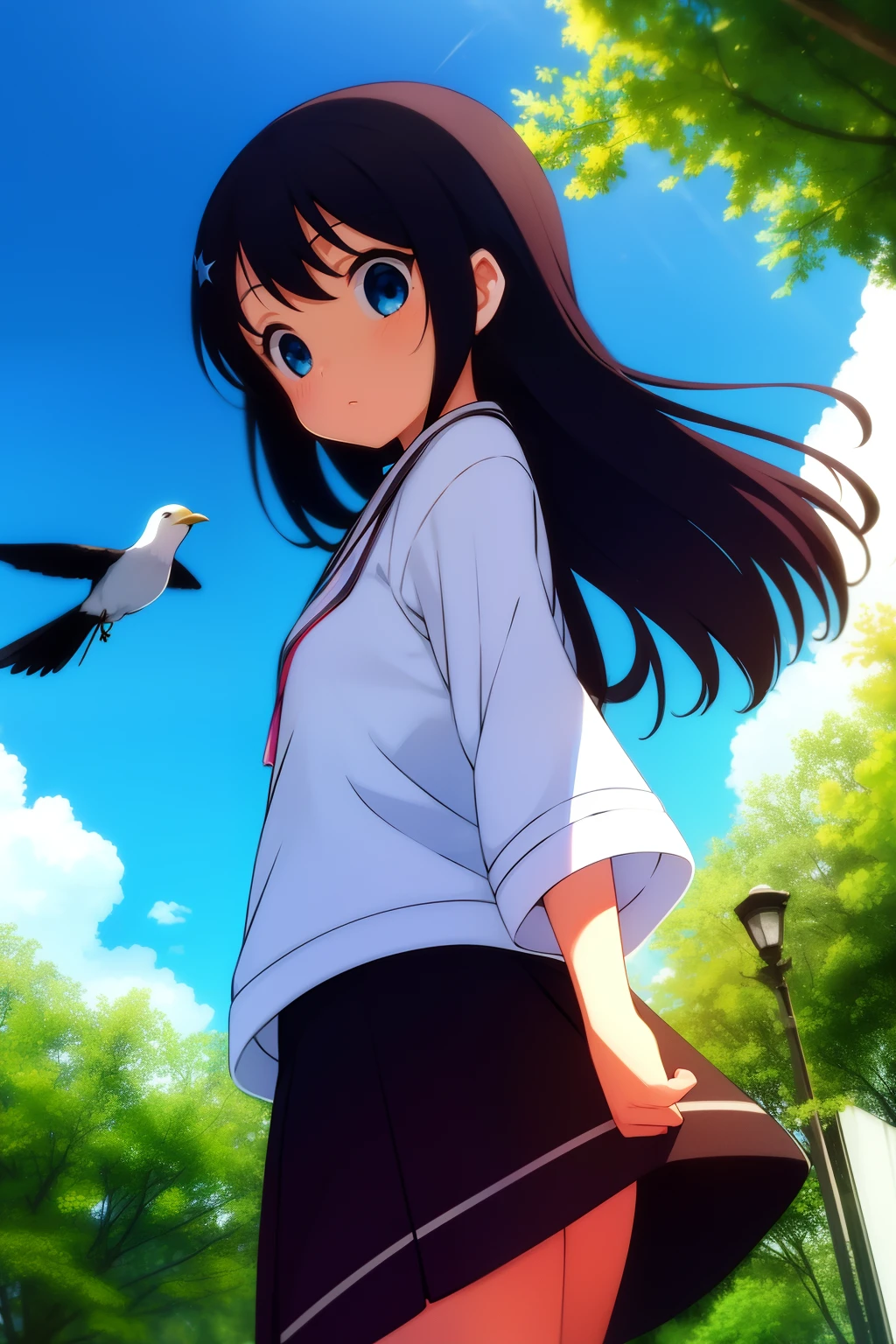 masterpiece, 1girl. solo, black hair, long hair, bird, best quality, blue sky