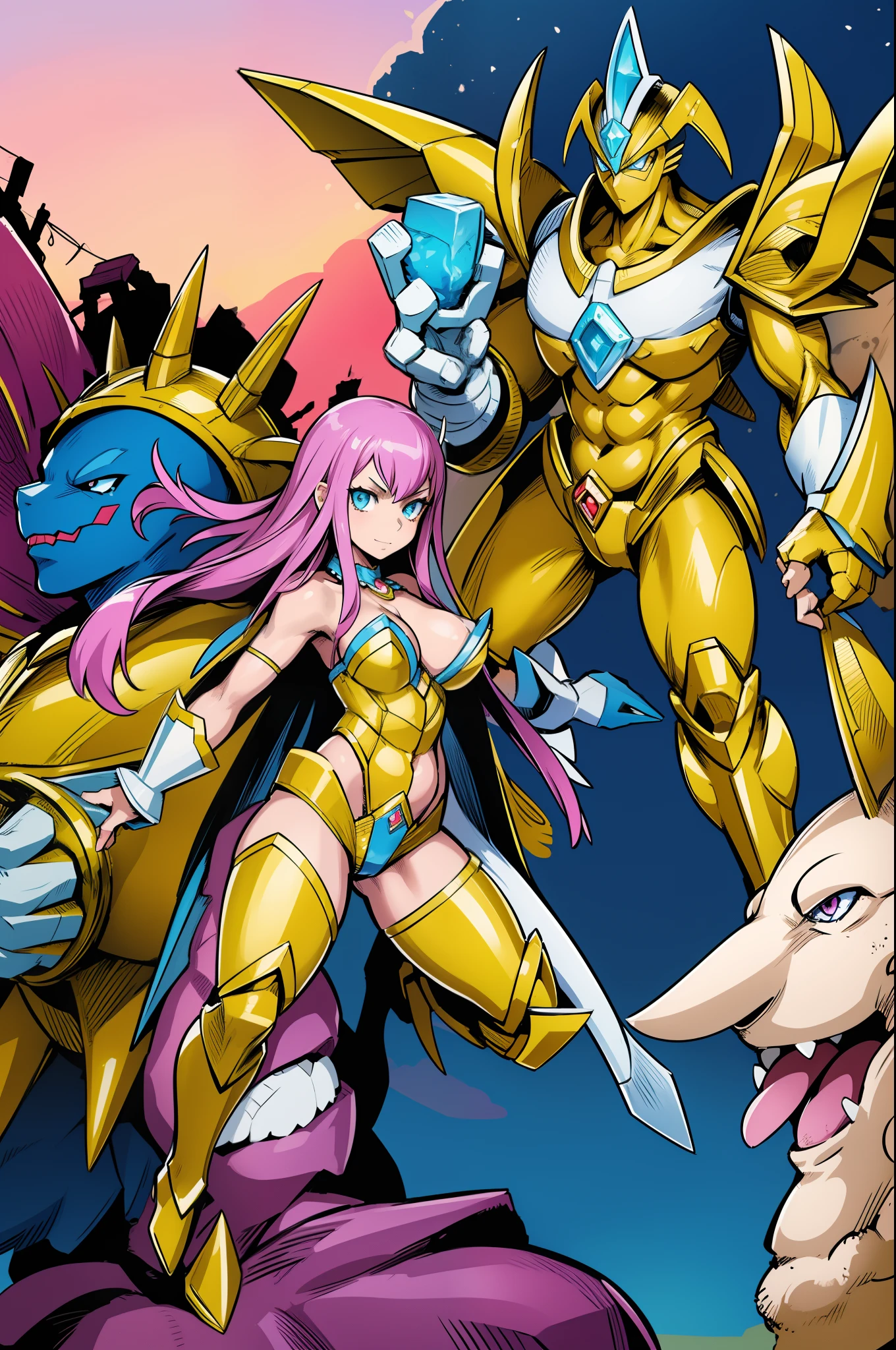 "Powerful barbarian with insect-like angelic armor, reminiscent of Digimon and Guyver, joins forces with a group of sentai heroes. The robot girl with huge breasts adds an overwhelming presence to the scene.",smile