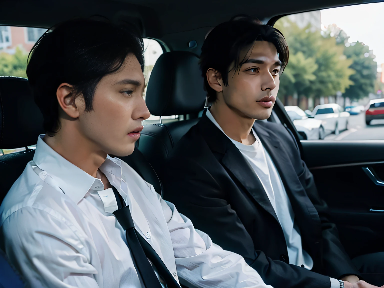 Two men sitting in the car talking,sface focus,Clear facial expressions