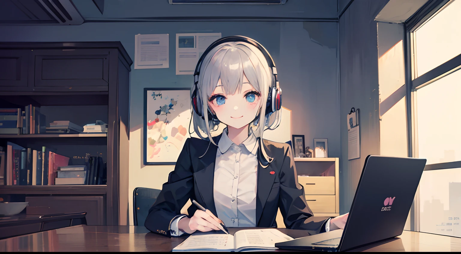 Anime girl with headphones sitting on laptop table, lofi-girl, lofi artstyle, lofi art, lofi vibes, lofi feel, adult lady、silber hair、A smile、25-years old、Business suits、lofi hip hop, lofi, chillhop, lofi girl aesthetic, lofi portrait, Lofivibe, lofi color, anime vibes, The aesthetics of the lofi