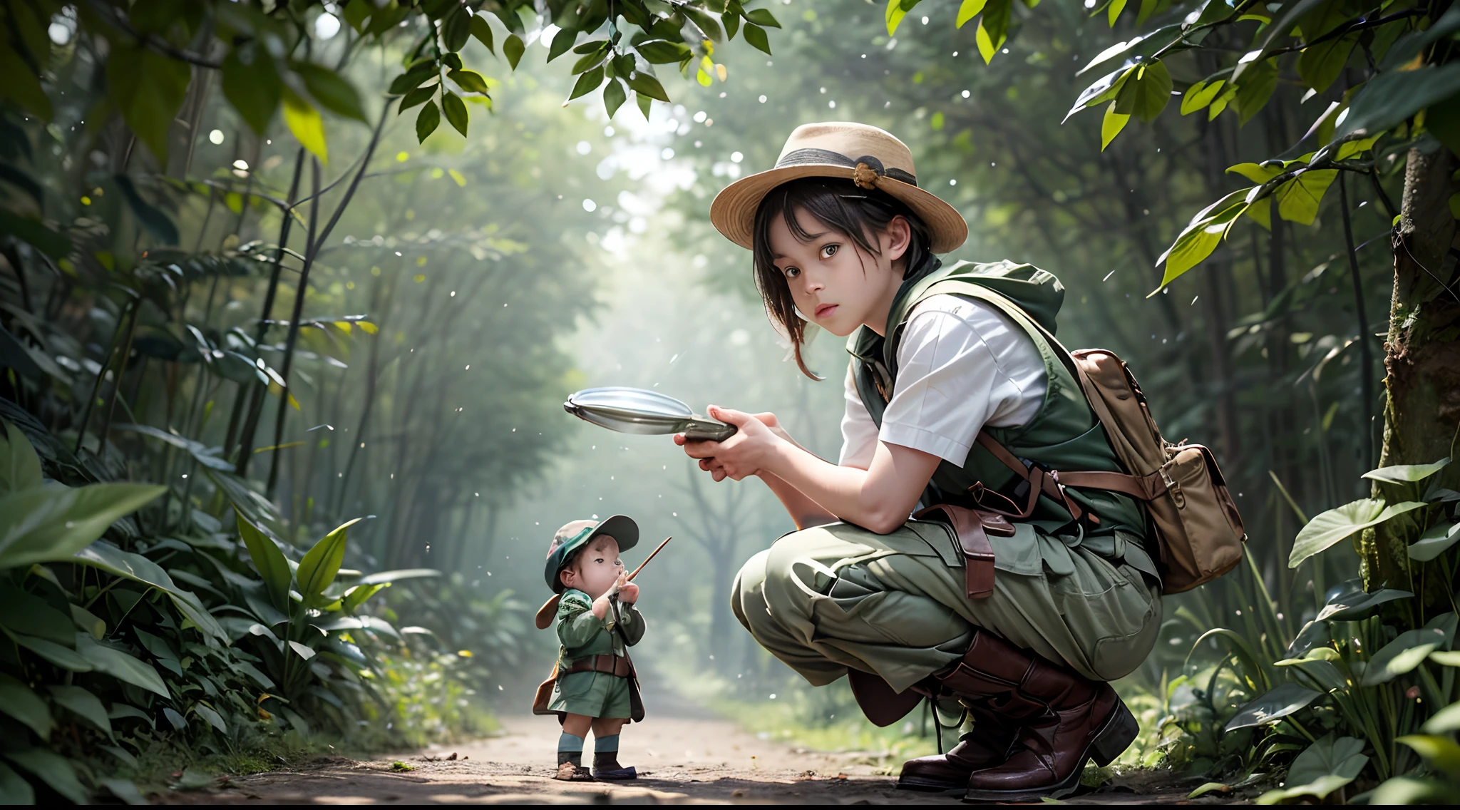 The boy (Curious and smart:1.2), (Explorer's costume:1.3) Get ready for adventure, Khaki hats block out the sun, A cargo vest pocket full of miracles, Binoculars hung around his neck, The compass in his hand guides his way, Sturdy boots tread unknown roads, Draw an unfolded secret map to explore, (magnifying glass:1.4) Curiosity's best friend, Gaze at tiny miracles, Insects unravel mysteries, A symphony of wildlife with rustling leaves, Imagine a world that has not yet been discovered, An imaginary world at your fingertips, The adventure unfolds page by page, The boy is an explorer at heart.