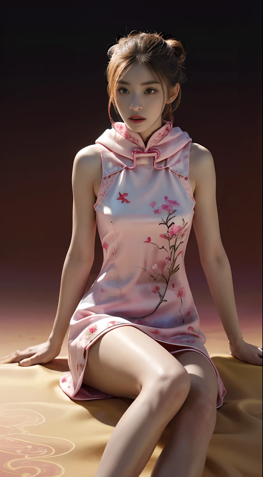 ((Bright daylight illumination:1.3))，((Top quality, 8K, Masterpiece: 1.3)), Solo, 1 girl, Sexy,  Beautiful girl with accentuated slender abs: 1.4,超詳細な顔, Detailed eyes, Double eyelids, self-shot, (body builder:0.8),(Nice little hard hood:1.5),(White cheongsam, gorgeous chinese models, Cheongsam, China Cheongsam, Chinese traditional, Chinese cheongsam costume,Without chest pads:1.2,Shiny cheongsam:1.5,(Shiny skin:1.2),(muscle arm:1.3),(muscle leg:1.3),(Lie down:0.8),(double bun hair:1.3), (two tone color hair:1.5,Blonde hair:1.1,Pink hair:1.2),((Masterpiece)), ((High detail)), photography of，real photograph，1 Cheongsam Girl, wearing  cheongsam，silky cheongsam，silky cheongsam，((Ultra-detailed)),((Delicate face)), Beautiful detailed eyes, (high light,Gradient hair),Long hair, Floating hair, ,hairs between eyes, GSHead,1girll ,Solo,The eye,Genshin_impact,Look at the viewer, ((Distant view)), Strong light and shadow, Cinema lenses，tmasterpiece，Super quality， A desert，on cheongsam，Silk cheongsam，18yr old，Big eyes，entire character，cropped shoulders，show legs，Long legs，full bodyesbian，8K，Ultra-clear resolution，Ultra-fine painting，Flat desert，Distant horizon，Vast desert，Sand，Dressed in a flowing manner、Silky traditional oriental cheongsam，Decorated with intricate patterns and bright colors，Highlights her seductive silhouette，((The background is a large flat desert:1.5)),tmasterpiece，Ultra-realistic detailed painting，Epic fantasy digital art style，8K,wide wide shot，Diagonal composition，art of photography，（Extremely refined and beautiful），（tmasterpiece），（best qualtiy：1.0），（超A high resolution：1.0），beautiful light up，perfect lightning bolt，realistic shaded，[A high resolution]，Delicate skin，ultra - detailed，Slim figure，Long legs，Beautiful Meticulous Girl, absurderes, unbelievable Ridiculous, hugefilesize, ultra - detailed, A high resolution, The is very detailed，best qualtiy，tmasterpiece，Need,((tmasterpiece)), (A detailed),Super delicate，Epic fantasy digital art style，The girl has