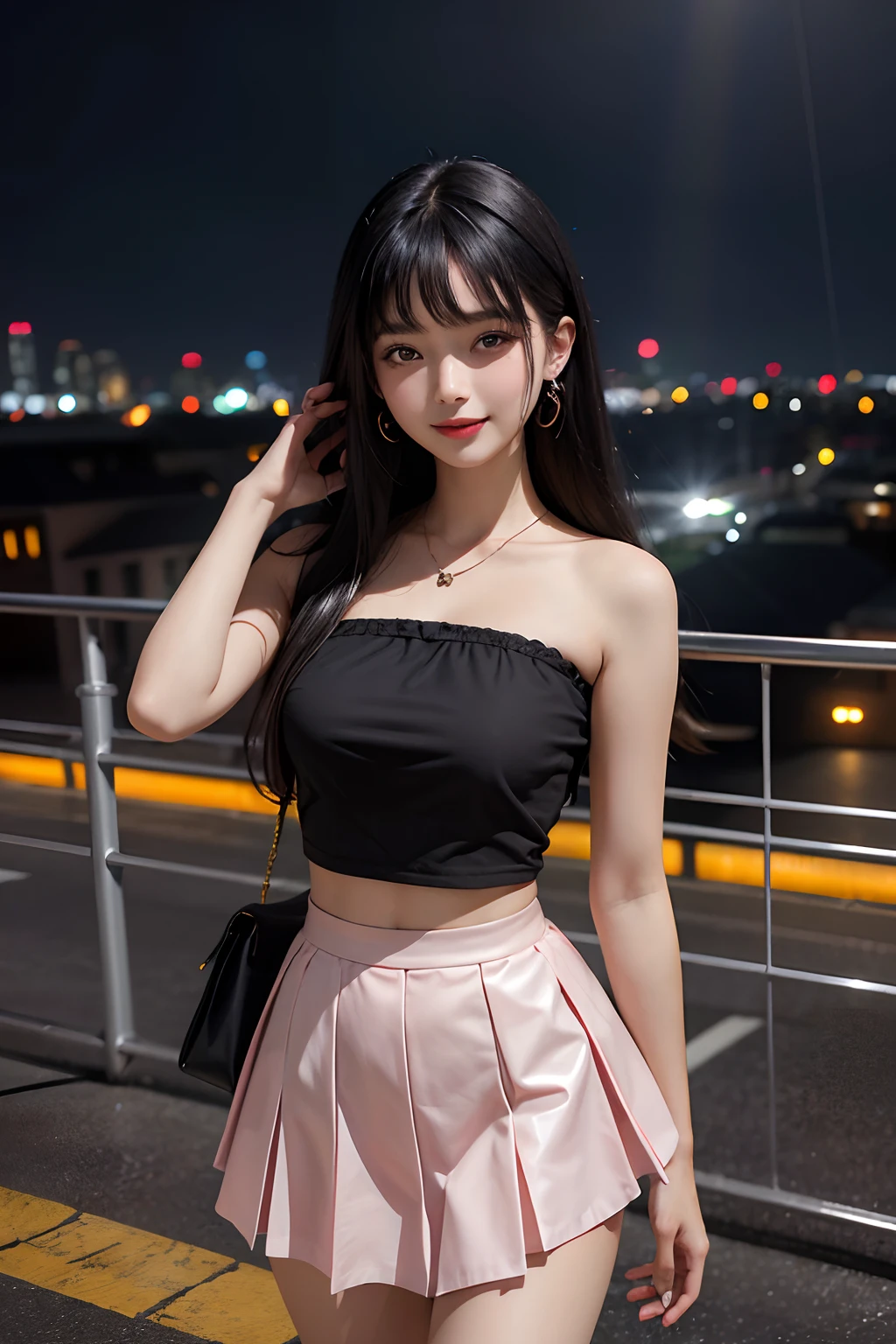 tmasterpiece,Best quality,Portrait of 1girl,black hair girl,18yr old,Highest image quality,solo person,full bodyesbian,Roof,rainy evening,城市,rainbow,leges,ssmile,a skirt,sweet,Bandeau