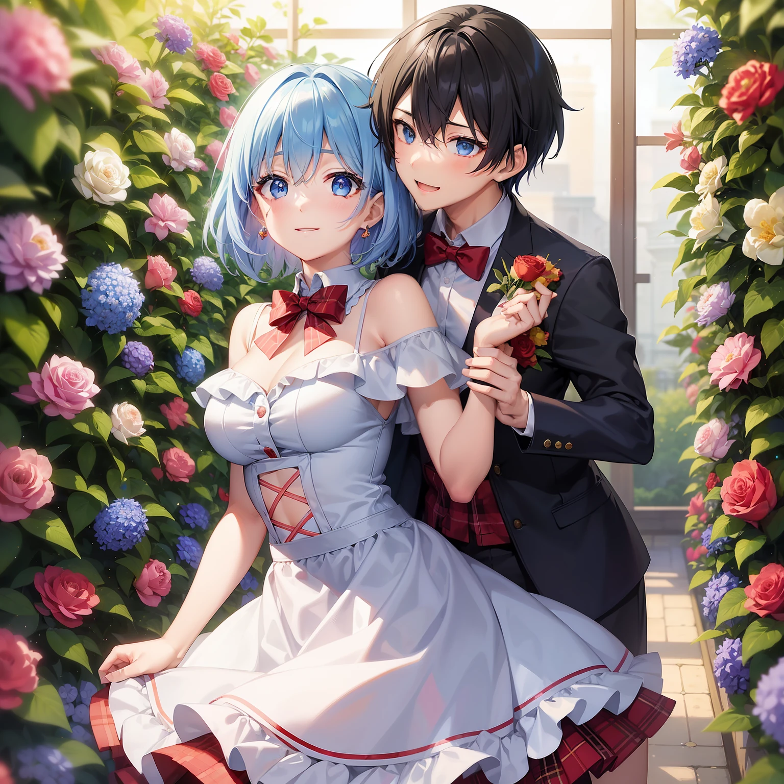 "beautiful anime style"、one girls、short blue hair、blue eyess、A smile、blazers、white shirt、red bowtie、Red plaid skirt、Person in black stockings、Bouquet in hand、Scene of dancing in a summer flower garden。With high quality portrayal and highest quality、Emphasis on the thighs、In the dazzling sunshine、full bodyesbian