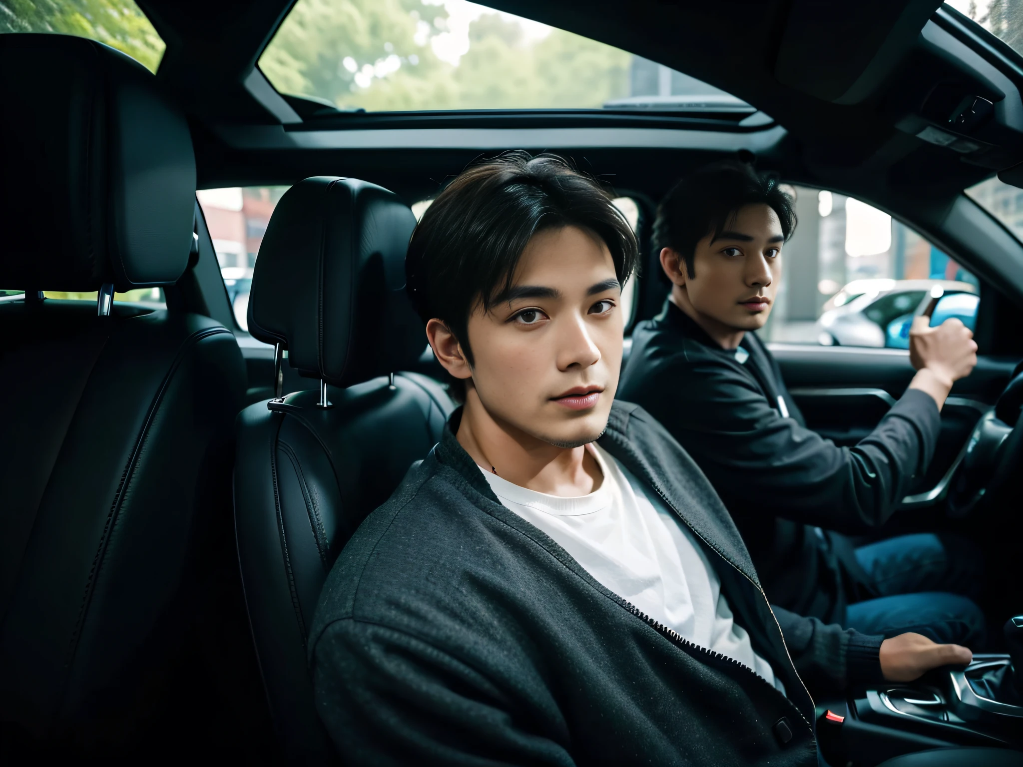 A man sits in the driver's seat,Open the window and look out,face sharp focus,Face the lens,Another man next to him stands next to the SUV,Hands on the car,Facial details clearly visible,Wear casual clothing,Two people are talking