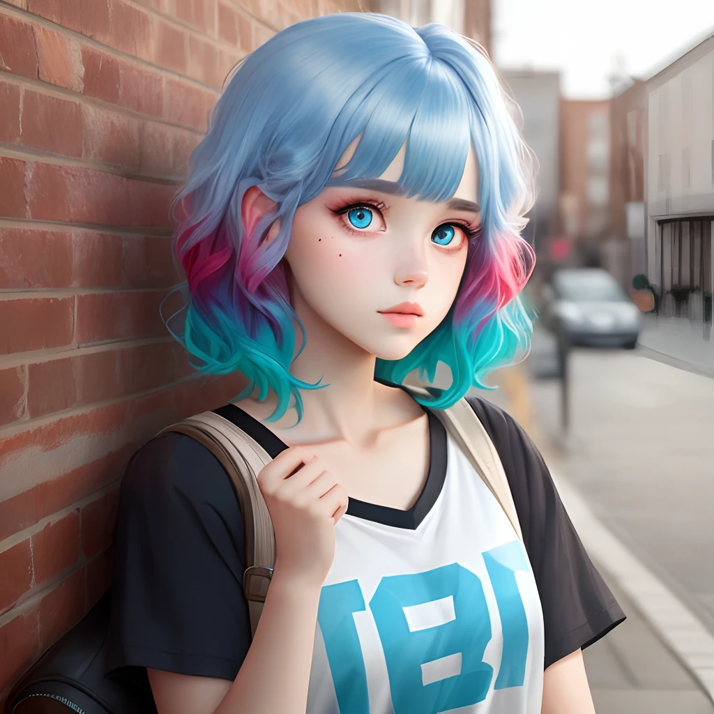 Red and blue pupils，Powder blue gradient hair color，teens girl，