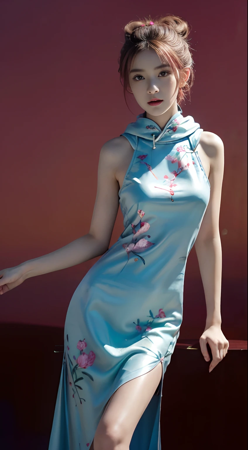 ((Top quality, 8K, Masterpiece: 1.3)), Solo, 1 girl, Sexy,  Beautiful girl with accentuated slender abs: 1.4,超詳細な顔, Detailed eyes, Double eyelids, self-shot, (body builder:0.8),(Nice little hard hood:1.5),(White cheongsam, gorgeous chinese models, Cheongsam, China Cheongsam, Chinese traditional, Chinese cheongsam costume,Without chest pads:1.2,Shiny cheongsam:1.5,(Shiny skin:1.2),(muscle arm:1.3),(muscle leg:1.3),(Lie down:0.8),(double bun hair:1.3), (two tone color hair:1.5,Blonde hair:1.1,Pink hair:1.2),((Masterpiece)), ((High detail)), photography of，real photograph，1 Cheongsam Girl, wearing  cheongsam，silky cheongsam，silky cheongsam，((Ultra-detailed)),((Delicate face)), Beautiful detailed eyes, (high light,Gradient hair),Long hair, Floating hair, ,hairs between eyes, GSHead,1girll ,Solo,The eye,Genshin_impact,Look at the viewer, ((Distant view)), Strong light and shadow, Cinema lenses，tmasterpiece，Super quality， A desert，on cheongsam，Silk cheongsam，18yr old，Big eyes，entire character，cropped shoulders，show legs，Long legs，full bodyesbian，8K，Ultra-clear resolution，Ultra-fine painting，Flat desert，Distant horizon，Vast desert，Sand，Dressed in a flowing manner、Silky traditional oriental cheongsam，Decorated with intricate patterns and bright colors，Highlights her seductive silhouette，((The background is a large flat desert:1.5)),tmasterpiece，Ultra-realistic detailed painting，Epic fantasy digital art style，8K,wide wide shot，Diagonal composition，art of photography，（Extremely refined and beautiful），（tmasterpiece），（best qualtiy：1.0），（超A high resolution：1.0），beautiful light up，perfect lightning bolt，realistic shaded，[A high resolution]，Delicate skin，ultra - detailed，Slim figure，Long legs，Beautiful Meticulous Girl, absurderes, unbelievable Ridiculous, hugefilesize, ultra - detailed, A high resolution, The is very detailed，best qualtiy，tmasterpiece，Need,((tmasterpiece)), (A detailed),Super delicate，Epic fantasy digital art style，The girl has long flowing hair，Flat desert，Gobi，V