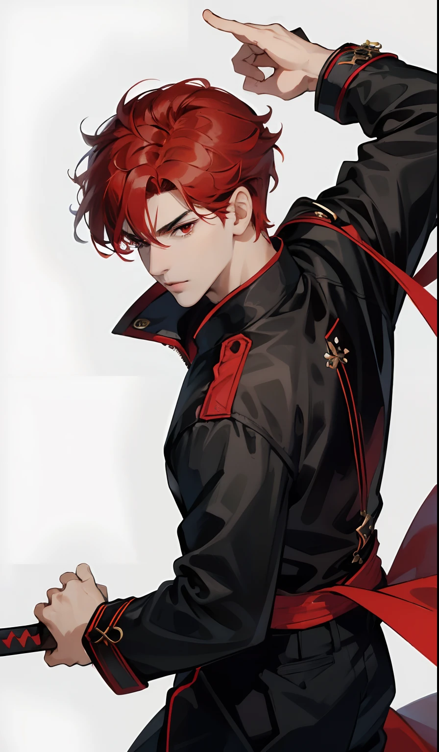 (absurd, high, extremely detailed),((masterpiece)), ((best quality:1.1)), High resolution, 8k,1 boy, (red hair, slightly curly hair, hair super short, layered hair :1.1 ), shaded face, (men's black coat with red interlaced, black top, black men's jogger pants: 1.1), , (top view: 1.1), (red eyes), (katana in hand), swordsman pose, anime style, night city