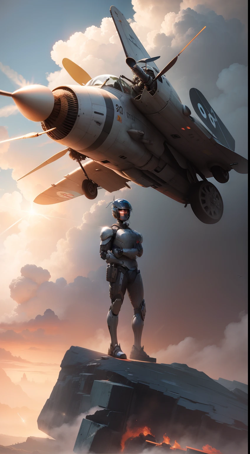 Change background and war backgroun fighter plane and robot realistic face