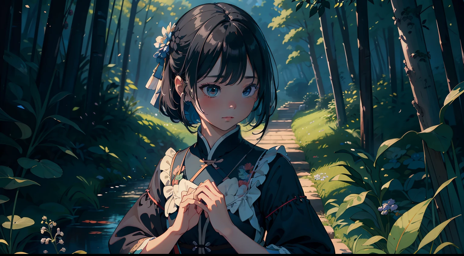 Best quality ,Masterpiece, illustration, An extremely delicate and beautiful, Extremely detailed ,CG ,Unity ,8K wallpaper, Amazing, finedetail, Masterpiece,Best quality,offcial art,Extremely detailed Cg Unity 8K wallpaper，Rural China，(Three -yeld gi，Black color hair，dual horsetail，Blue clothes)，Upper body display，Three girls