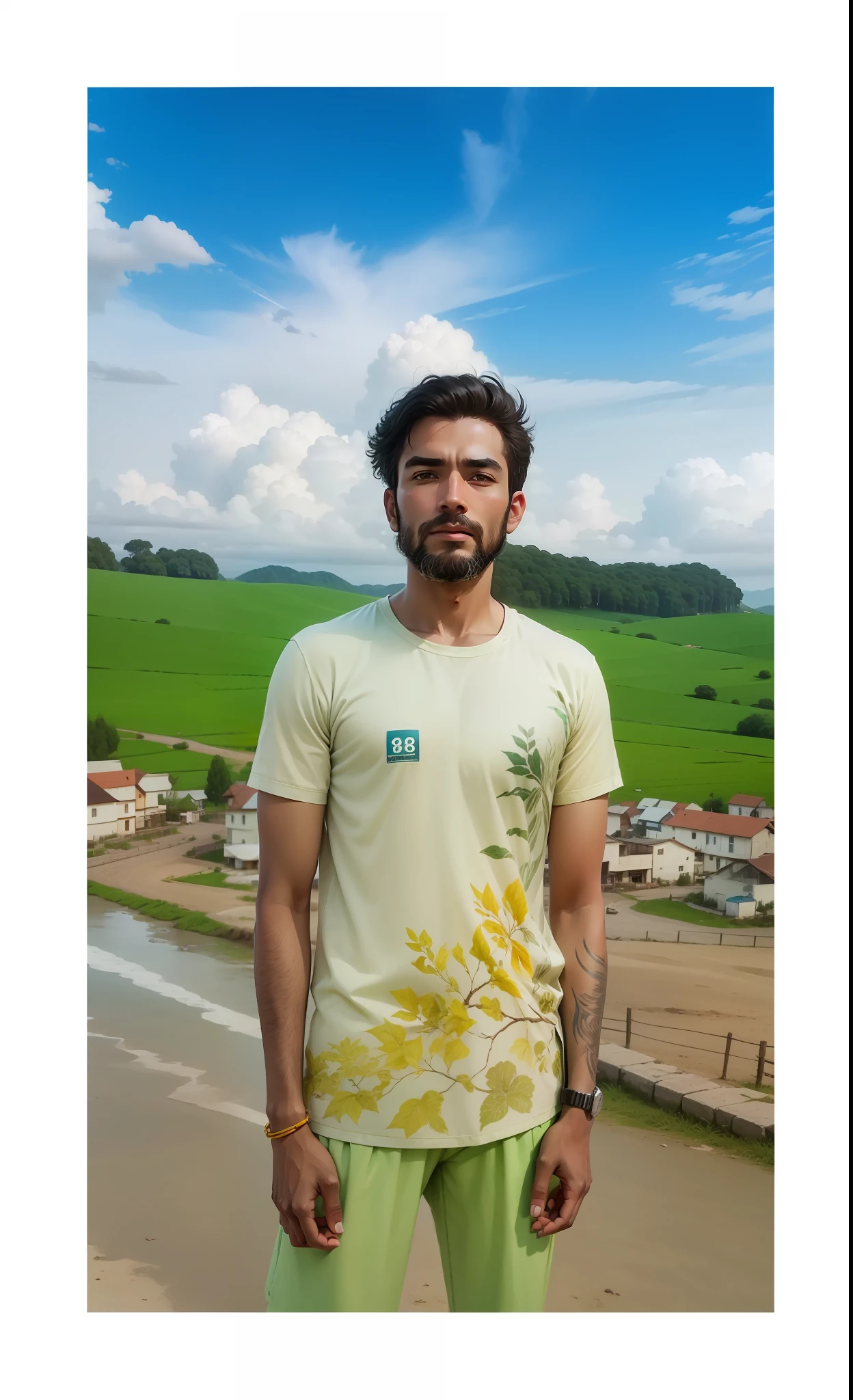 Generate my image standing with wonderful nature, background view is wonderful with 8k graphics, realistic view, village