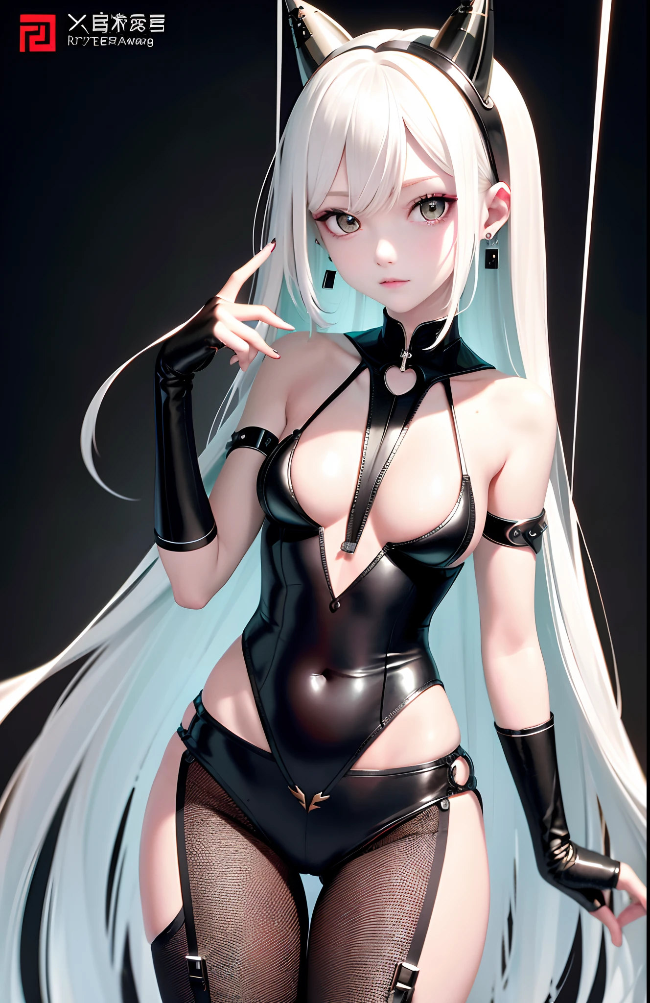 optimum,tmasterpiece,A high resolution,best qualtiy,hyper HD,super detailing,Award-Awarded,16k,独奏,(The upper part of the body),anatomy correct,Beautiful cyberpunk girl,Ex Machina,cute face,high light,Gradient Beige Hair,Hairline,((Scarlet eyes)),long eyelasher,Hanging eye corners,White skin of the,(small boobs),(Slim body),(()),((long_dress)),(Finger caps),(Black and white yin and yang stockings),ear studs,(neck rings),(Laser material clothing:1.2)