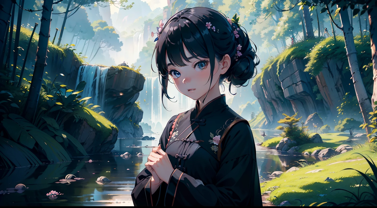 Best quality ,Masterpiece, illustration, An extremely delicate and beautiful, Extremely detailed ,CG ,Unity ,8K wallpaper, Amazing, finedetail, Masterpiece,Best quality,offcial art,Extremely detailed Cg Unity 8K wallpaper，Rural China，(Three 10-year-old girls，Black color hair，dual horsetail，Blue clothes)，Upper body display