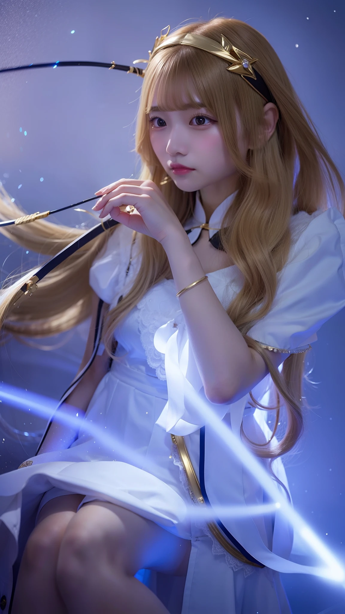 1 girl, long hair, gold hair, archery, white dress, moon headband, six fingers,